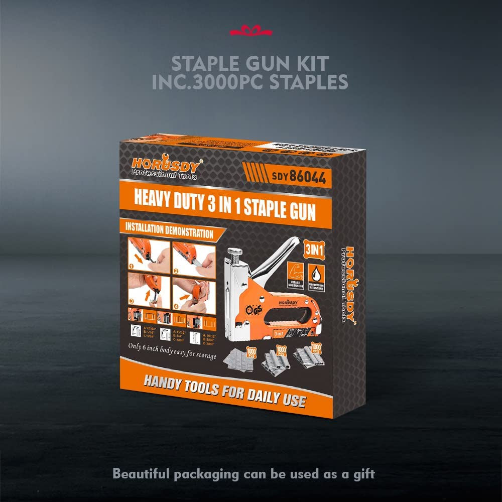 HORUSDY 3-In-1 Staple Gun Heavy Duty, Stapler Gun with 3000 Staples, Upholstery Staple Gun for Furniture, Wood, Carpet, Carpentry, DIY, Fixing Material, Decoration. image number 4