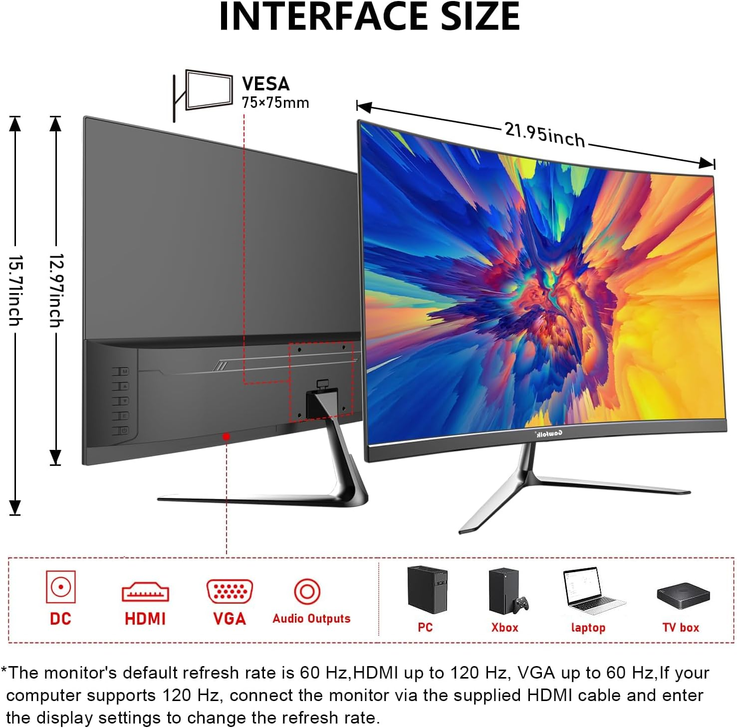 24.5 Inch Gaming Curved Monitor Built-In Speakers, 3000R 120Hz Full HD 1080P, HDMI 2.0, VGA, Wall Mount Compatible 75 * 75Mm