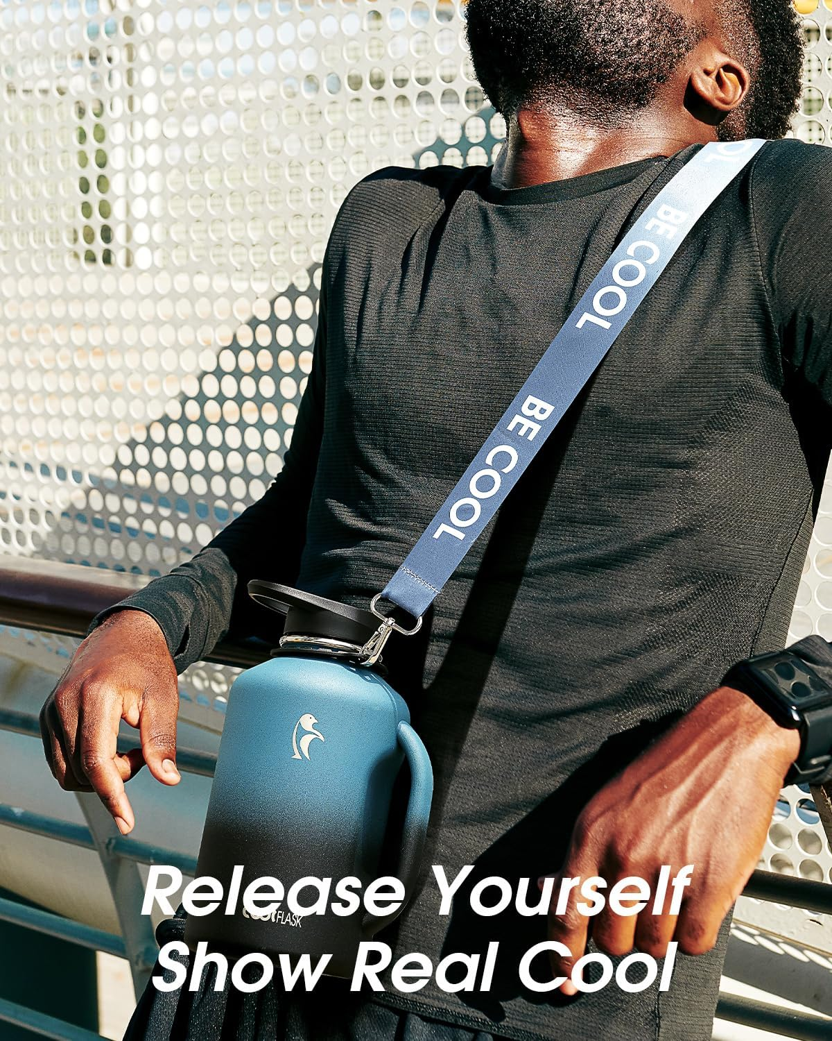 64 Oz Water Bottle Insulated with Handle, Coolflask Half Gallon Water Jug with Strap Straw Stainless Steel Double-Walled Vacuum Metal Large Flask Leakproof, Keep Cold 48 Hrs Hot 24Hrs, Prussian Blue - Magic Black image number 3