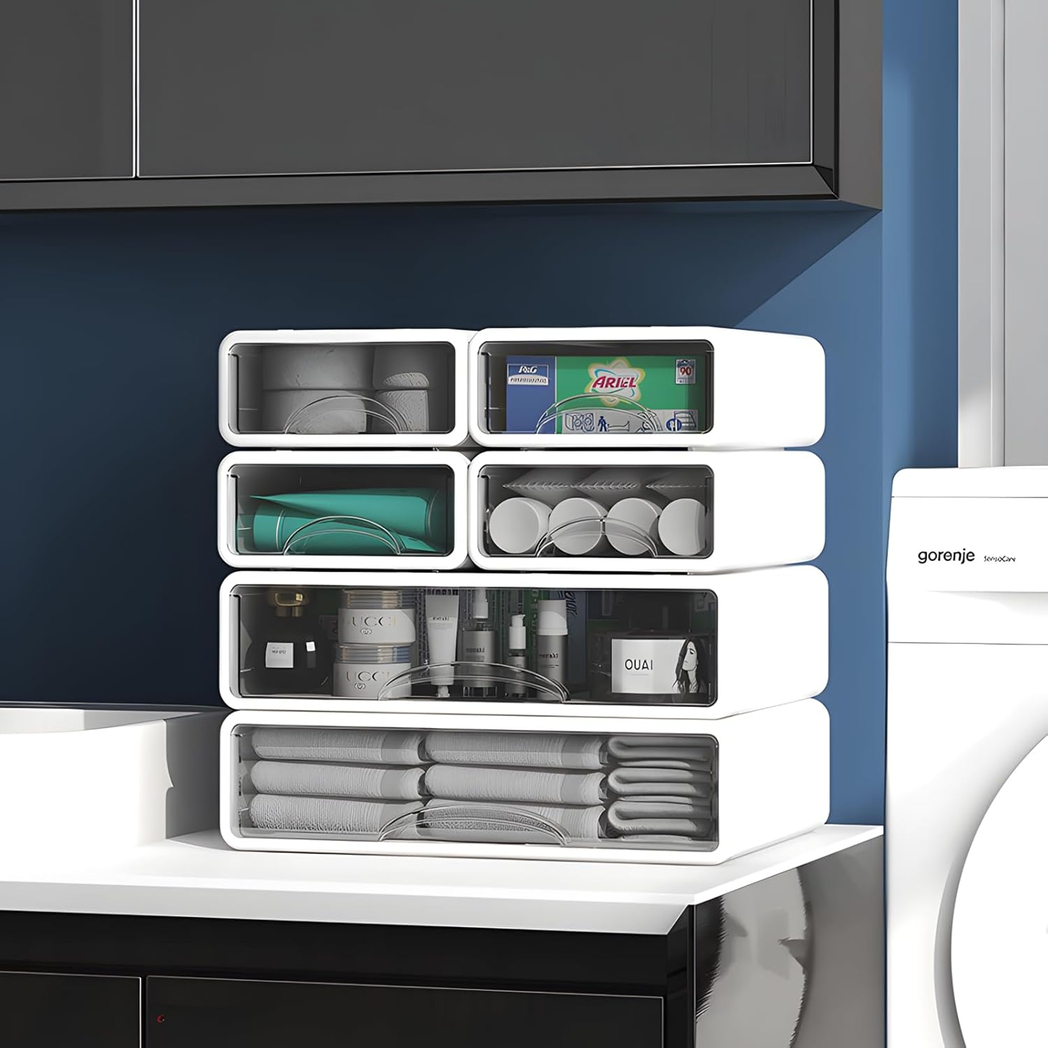 Desk Organizer with Drawers,Plastic Stacking Desk Top Drawer Storage Organizer Box, for Office,Makep Vanity, Nail, Polish Bathroom, Stationery Art Craft Supplies (5-Pack)