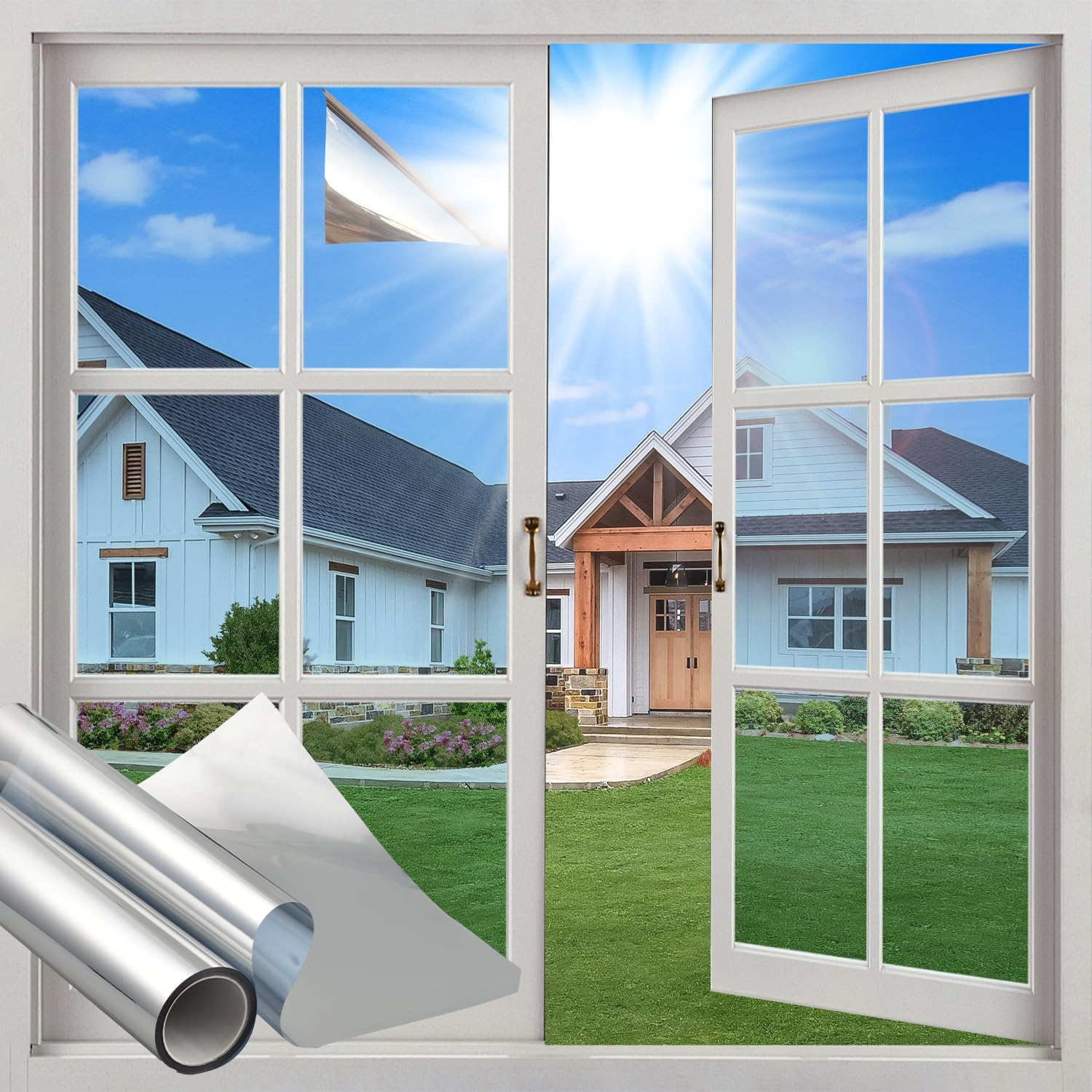 Sun Blocking Window Privacy Film, One Way Window Tint for Home, Daytime Window Privacy See Out Not in Window Cling Mirror Reflective anti UV Glass Covering for Home Office Car (Silver, 45X200Cm)