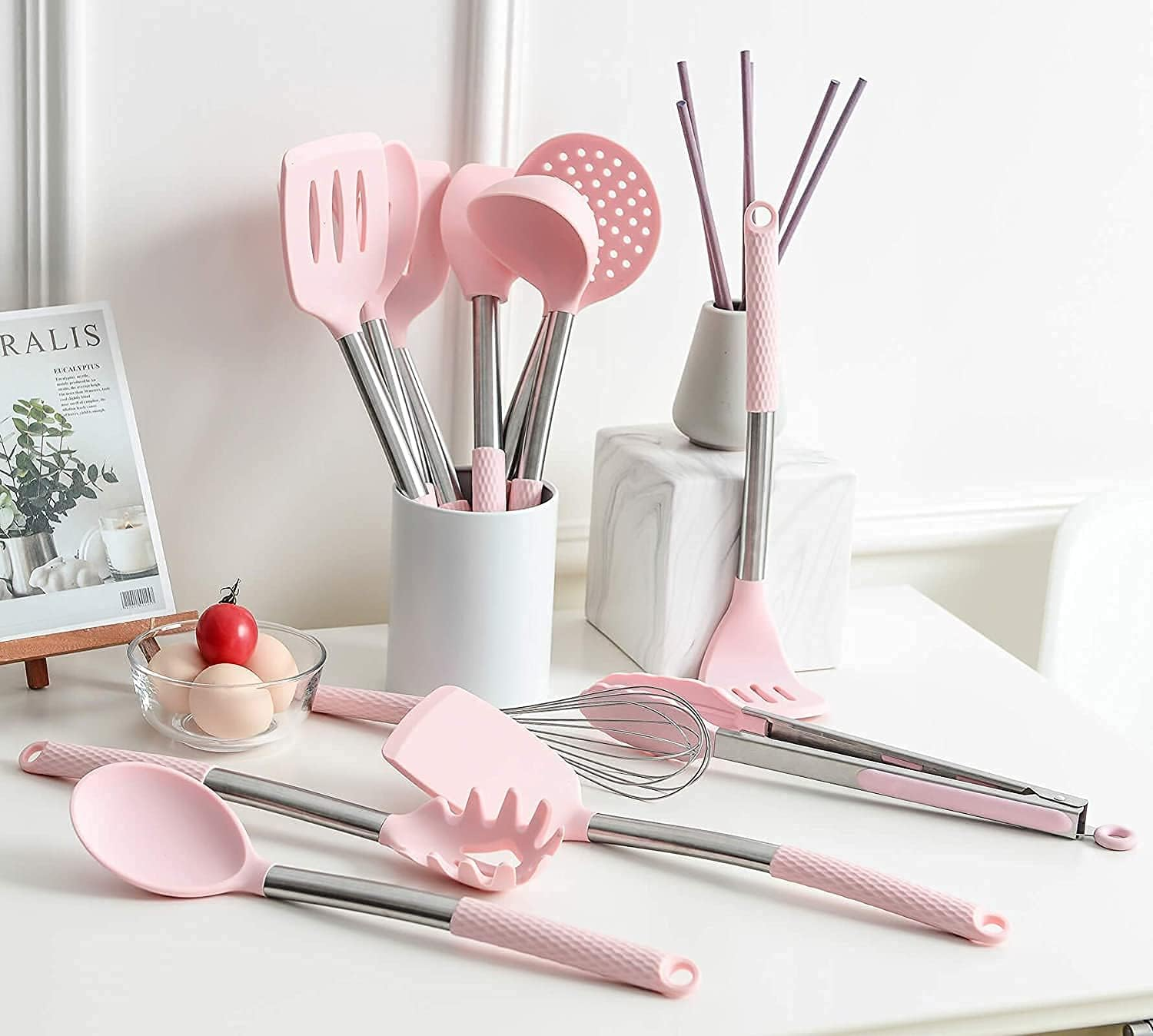 Rorence Kitchen Utensil Cooking Utensil Set for Baking Mixing: 12 Pieces Kitchen Gadgets Non-Stick & Heat Resistance Silicon and Stainless Steel Handles (Utensil Holder Not Included) - Pink