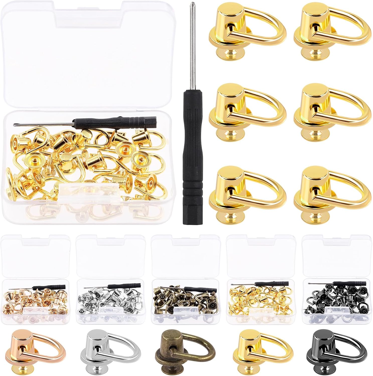 Glarks 41Pcs D Ring Rivets Kit Light Gold Ball Post Head Buttons Metal D Ring Stud Rivets Rotatable round Rivets with Screwdriver for Bags, Belts, DIY Leather Crafts