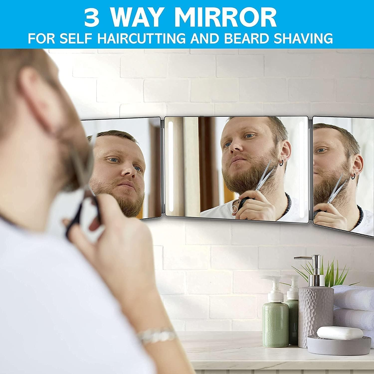 3 Way Mirror | Trifold Mirror for Self Hair Cutting and Styling | DIY Haircut Tool to Cut, Trim, or Shave Your Head and Neckline at Home | Adjustable, Portable, Hands-Free | Haircut Artifact (With LED) image number 1