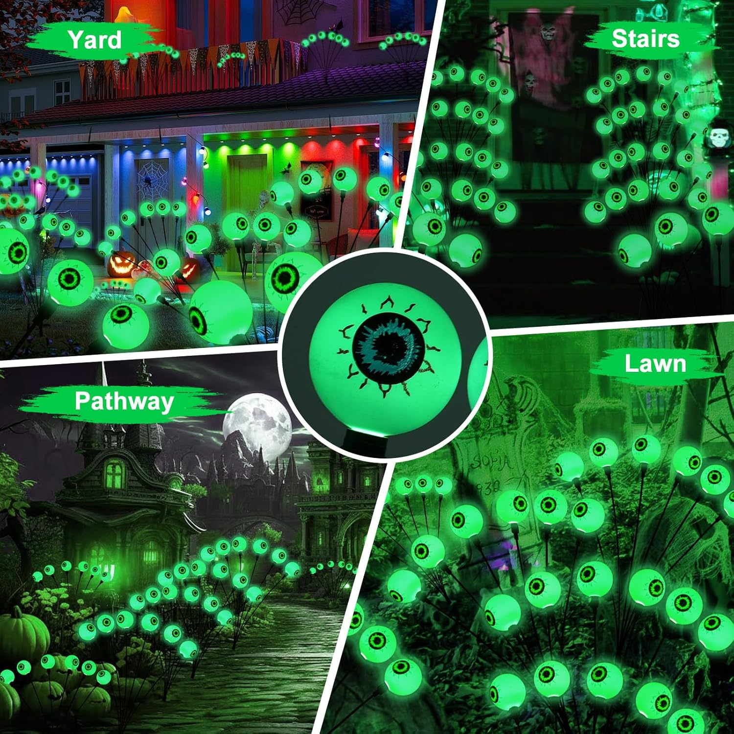 Harloon Halloween Decorations Outdoor Solar Scary Eyeball Lights, 2Packs 16LED Green Eyeball Swaying Firefly Lights, Waterproof Solar Halloween Path Lights for Yard Garden Lawn Party Decor image number 3