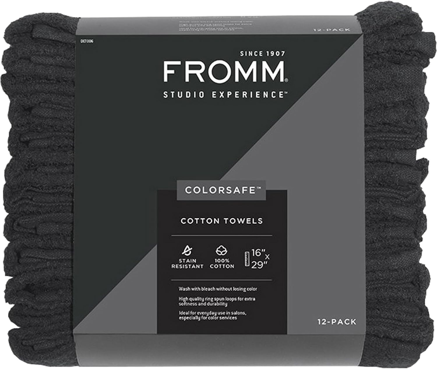 Fromm Colorsafe 100% Cotton Bleach Proof Salon Hair Towels for Hairstylists, Barbers, Spa, Gym in Black, 16" by 29", 6 Count Absorbent Stain Resistant Towels for Drying Curly, Long, Wavy Hair