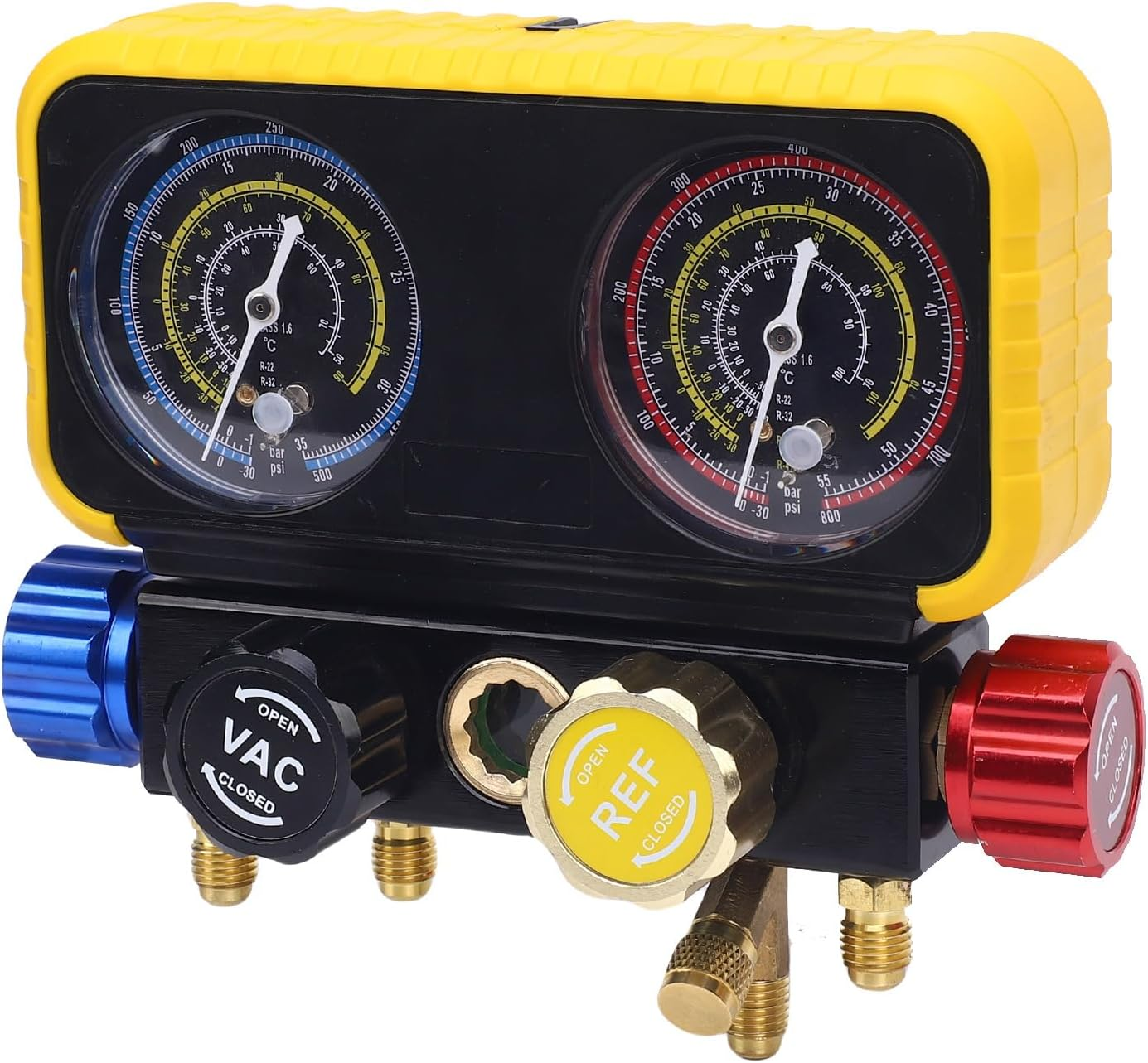 4 Way Heavy Duty Brass Manifold Gauges Set, HVAC Gauges with Hoses 4 Way Heavy Duty Brass Manifold Set Replacement for R410A R32 R134A R22 Refrigerants image number 2