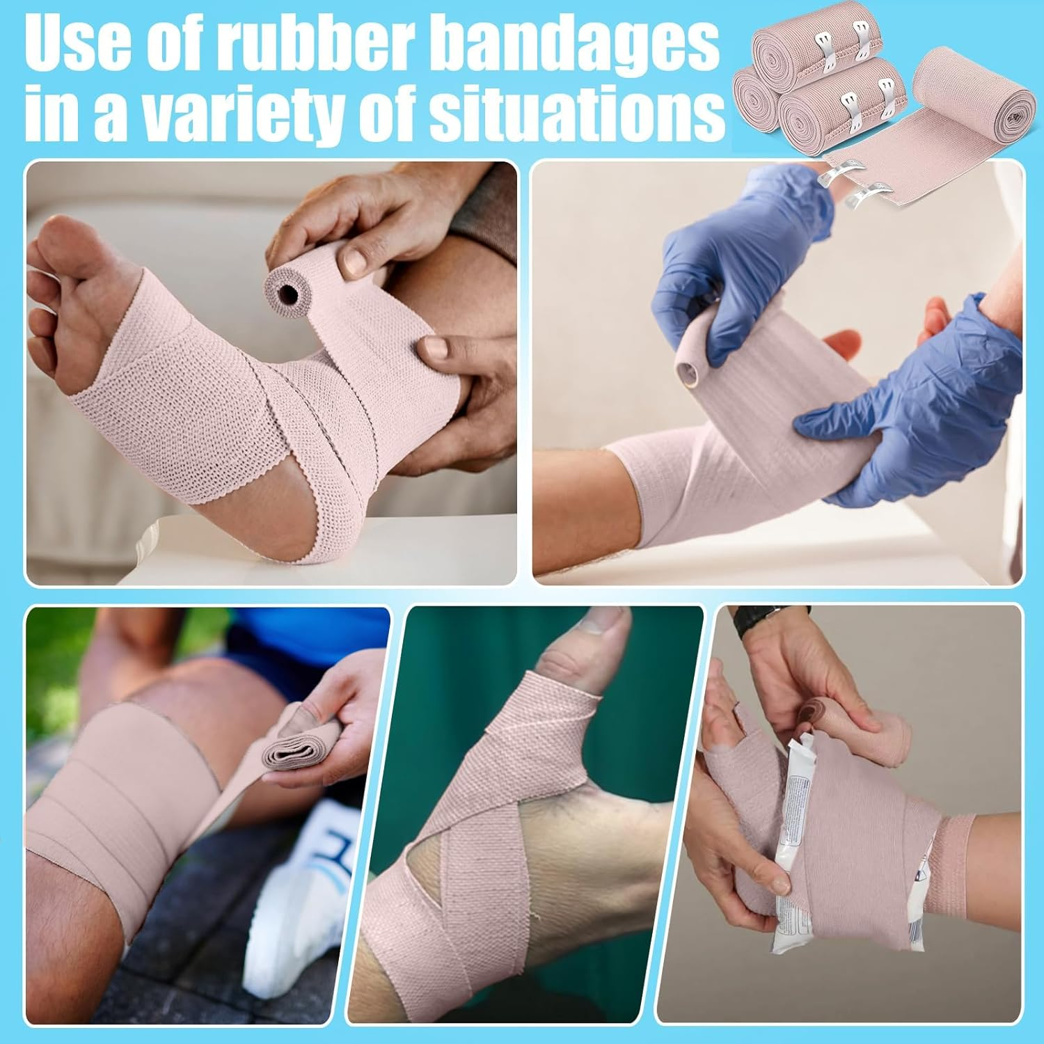 Elastic Bandage Wrap, 4 Pcs (4Inch X 15Ft) Durable Compression Bandage with Clips, Lightweight Portable Bandages for Ankle, Wrist, Arm, Leg Sprains image number 1