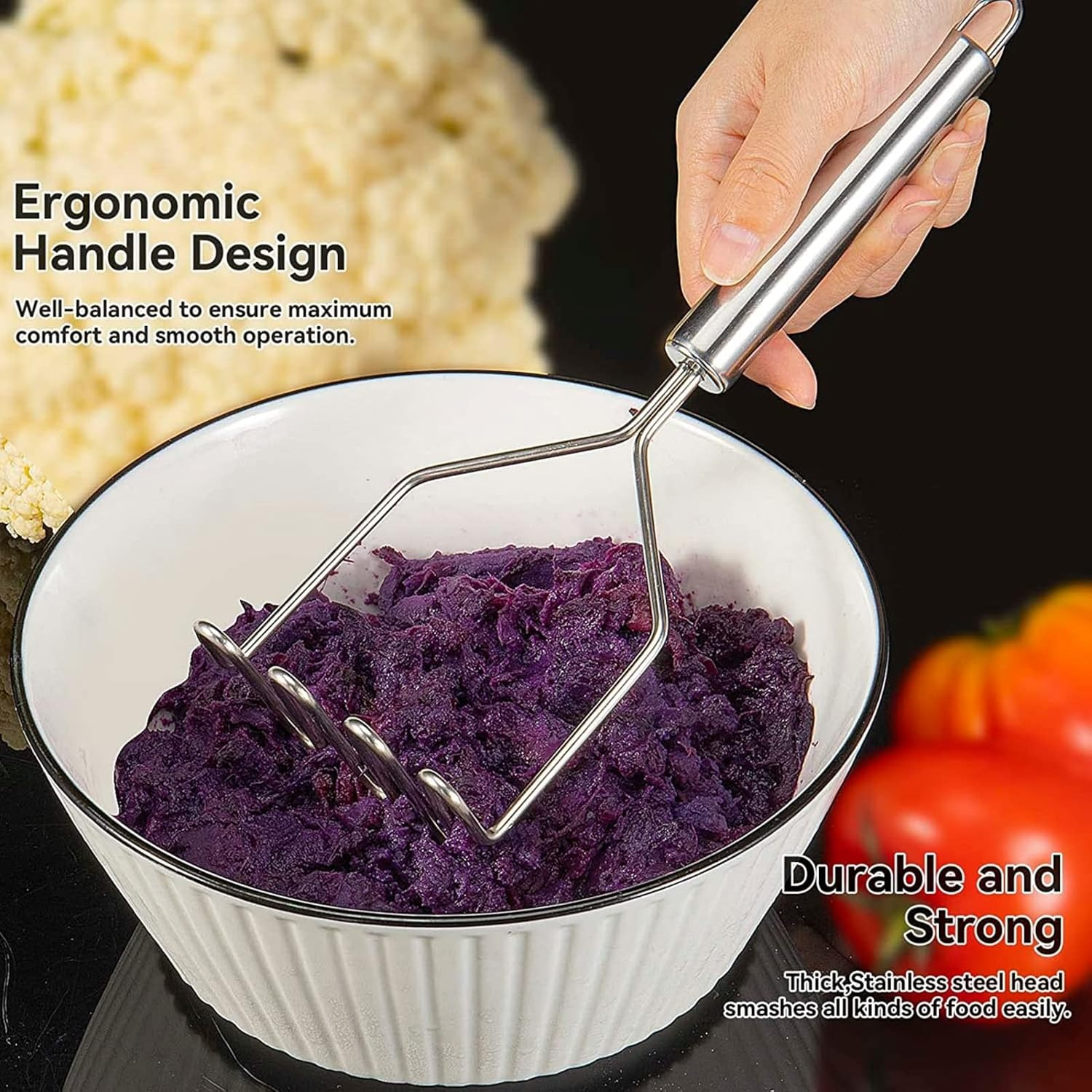 MIZOXY Stainless Steel Potato Masher - Heavy Duty Metal Ricer with Mirror Polish, Dishwasher Safe - Versatile Kitchen Tool for Mashing Potatoes, Avocados, Beans, and More - Easy to Clean and Use image number 2