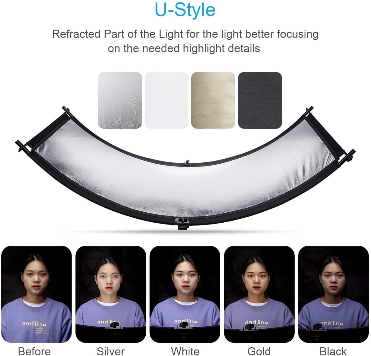 FOMITO U Style Light Reflector 178X65Cm Arclight Curved Eyelighter Lighting Diffuser for Photography Stuido Filming Shooting, Black/White/Gold/Silver(Not Included Light Stand) image number 4