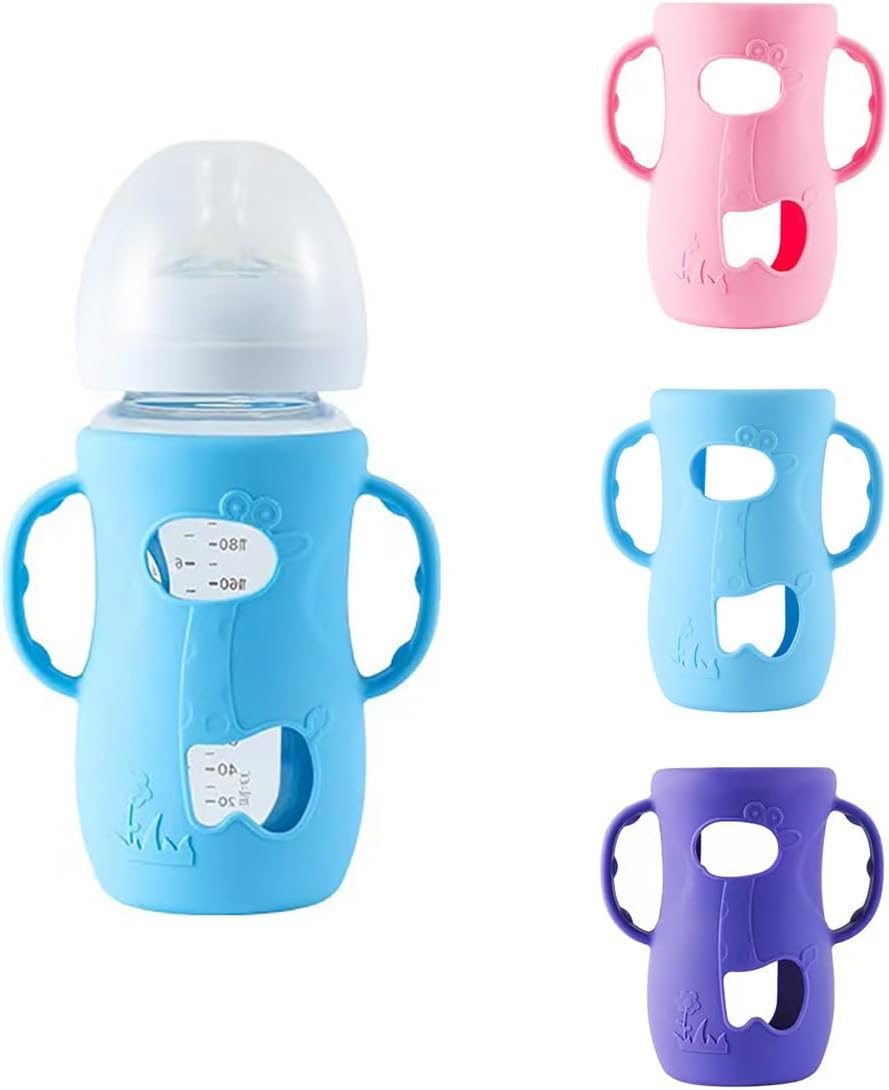 3 Pack Silicone Sleeves for Avent Baby Bottles with Handles, Compatible with Philips Avent Natural Glass Baby Bottles 240Ml, and Easy to Clean and Sterilize. (White+Blue+Green, 240Ml)