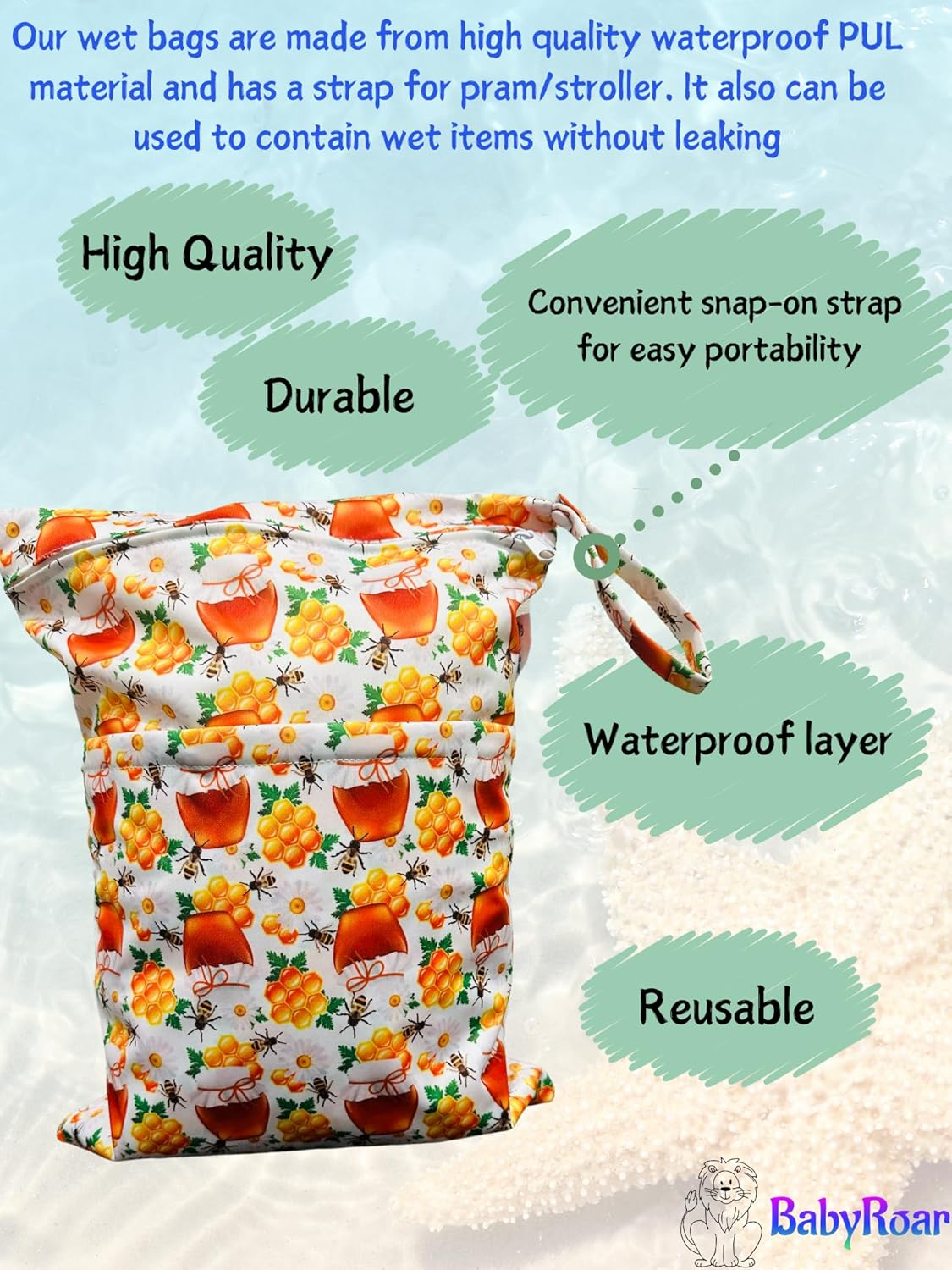 Reusable Swim Nappy for Babies & Toddlers &ndash; Adjustable One Size with Snaps + BONUS Wet & Dry Bag with Double Zipper (Dual Pockets Keep Wet & Dry Items Separate) &ndash; Leak-Proof, Eco-Friendly. Perfect for Water Fun! One Size Fits All! (Honey Bee Delight) - Large image number 2