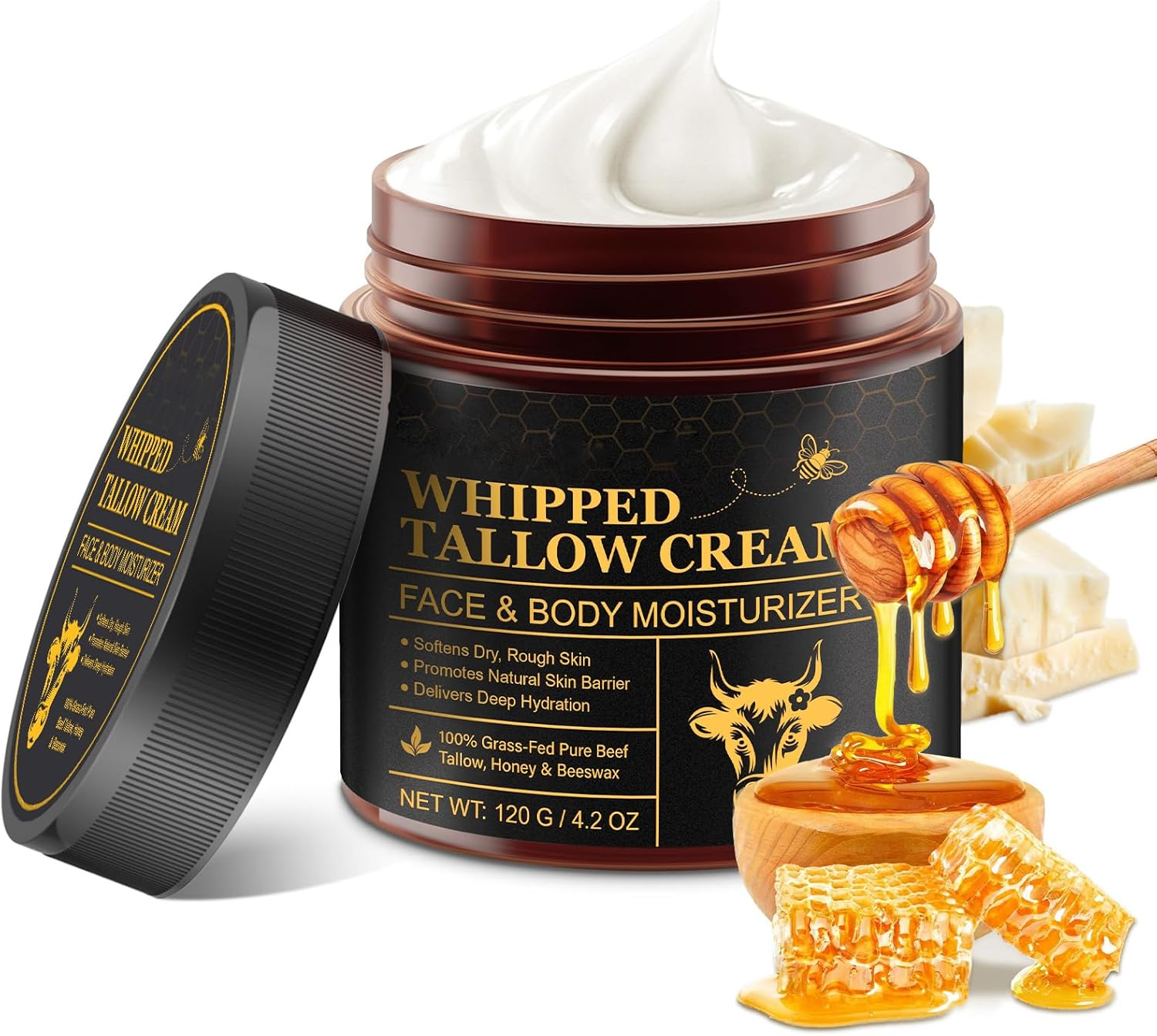 Beef Tallow Skin Care 120G - 100% Grass Lined Sebum Face Cream Nourishing Face & Body Oil Free & Unscented All Skin Types Gluten Free Glass Container image number 6