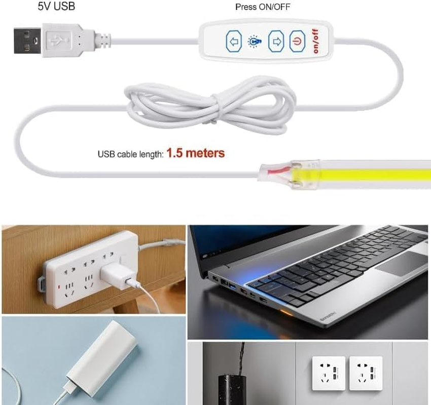 TOPXCDZ Dimmable USB COB LED Strip, White, 6500 K Adhesive Tape, LED Stripe, 5 V TV LED Backlight with On/Off Switch for Bedroom, Home, DIY Lighting (White, 1 M) image number 5
