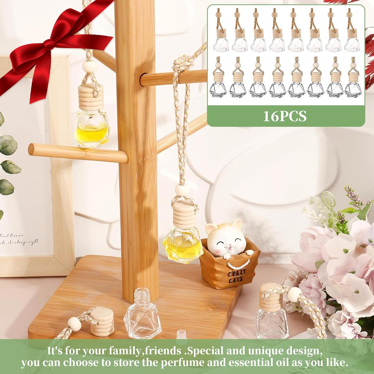 16 Pcs Car Aromatherapy Essential Oil Diffusion Bottle Car Hanging Pendant Ornaments with Wooden Caps and String, Reusable Clear Glass Empty Bottles, Perfume Containers Pendants for Automobile image number 4