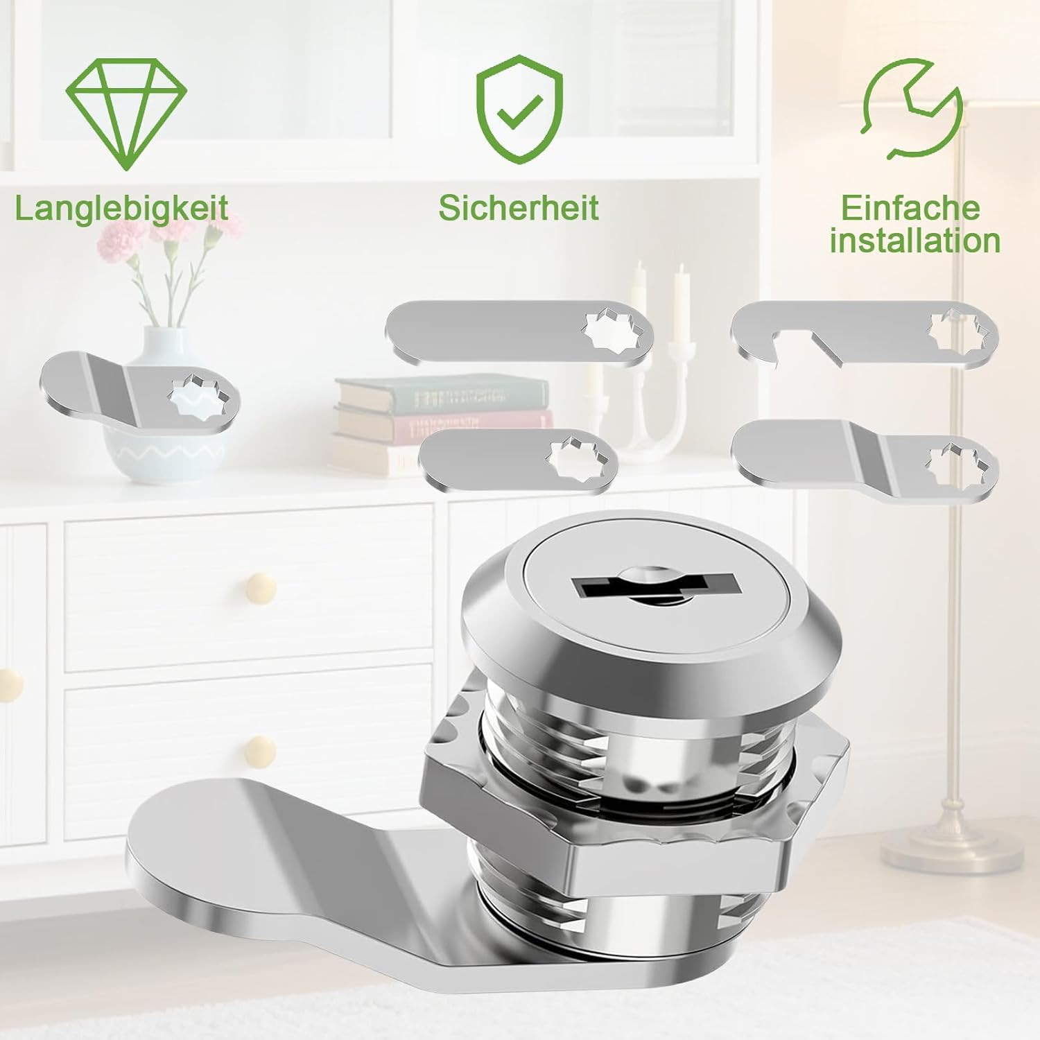 Jeyzuroa Cabinet & Letterbox Lock with 5 Keys - 16 Mm, 18 Mm Diameter for Letterboxes and Cabinet Doors, Includes 5 Adjustable Lock Plates for Drawers, Mailboxes image number 2