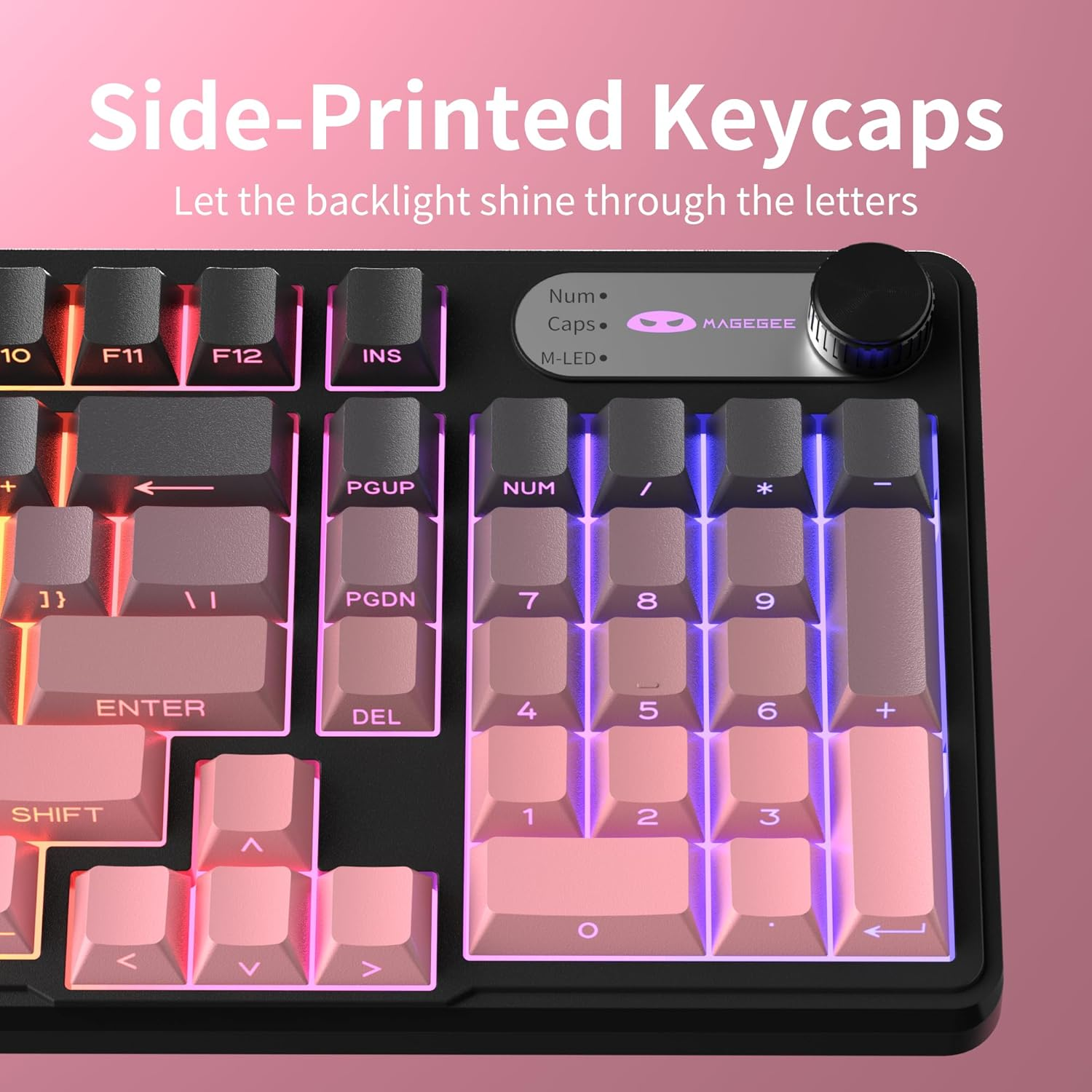 Magegee GK960 Wireless Gaming Keyboard, RGB Tri-Mode Wired/Bt/2.4G Creamy Keyboard with Number Pad, 4000Mah Battery, Knob Control, Side Printed Keycaps, 19-Key Anti-Ghosting for Win/Mac (Black & Pink) image number 3