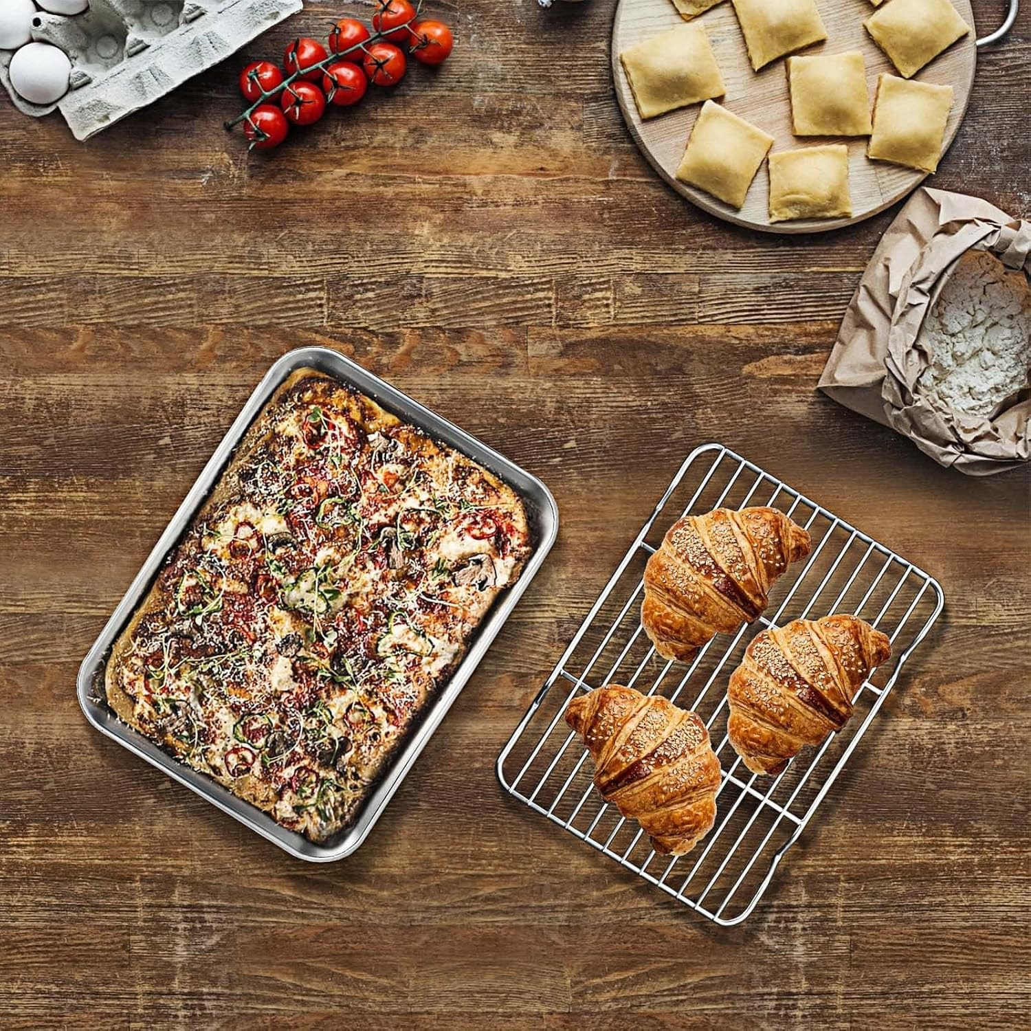 304 Stainless Steel Baking Sheet Tray with Wire Rack, Oven-Safe Roasting Pan & Cooling Rack for Cooking, Grilling & BBQ image number 2