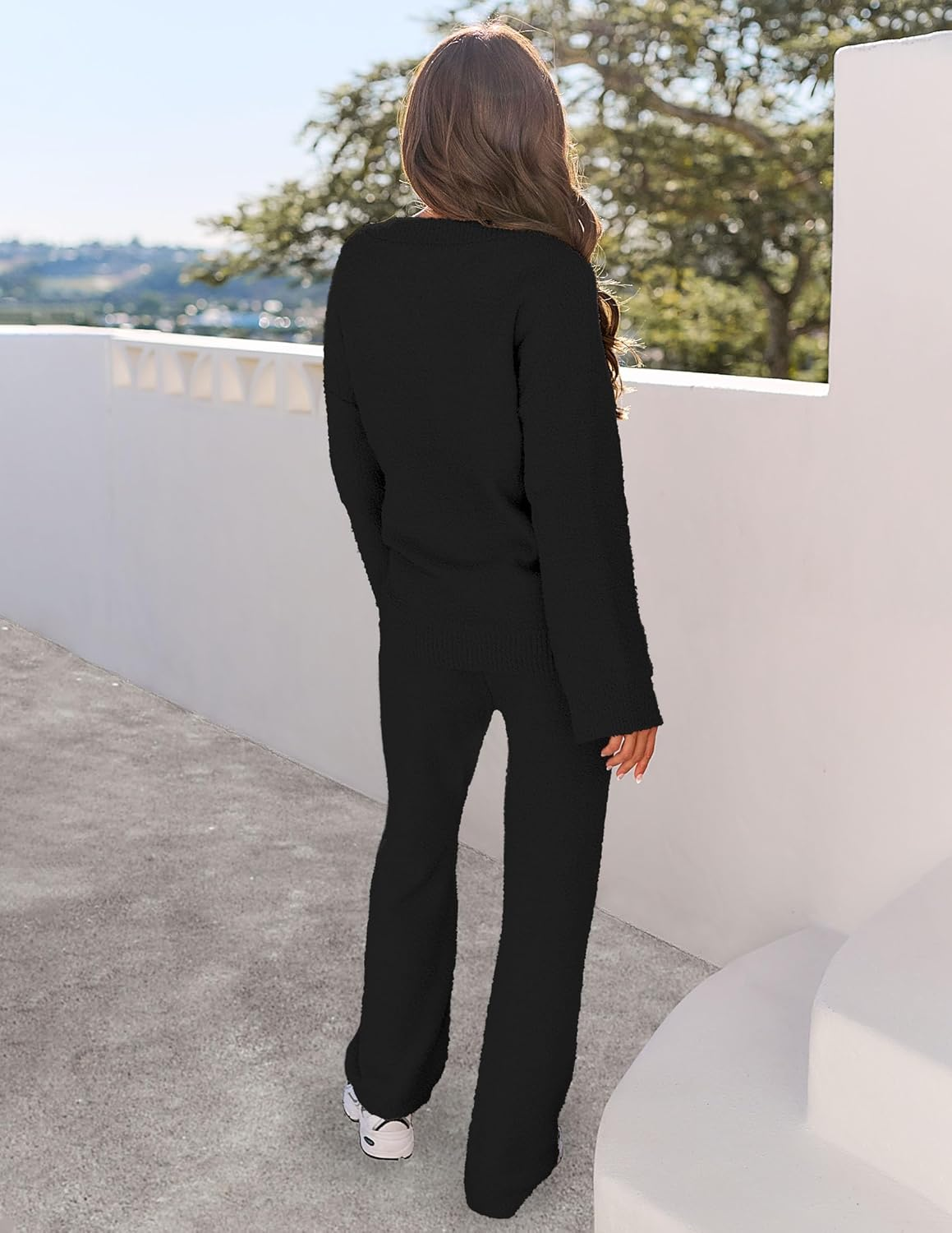 MEROKEETY Women'S 2 Piece Outfits Fuzzy Fleece Pajama Set Long Sleeve Top Wide Leg Pants Loungewear image number 3