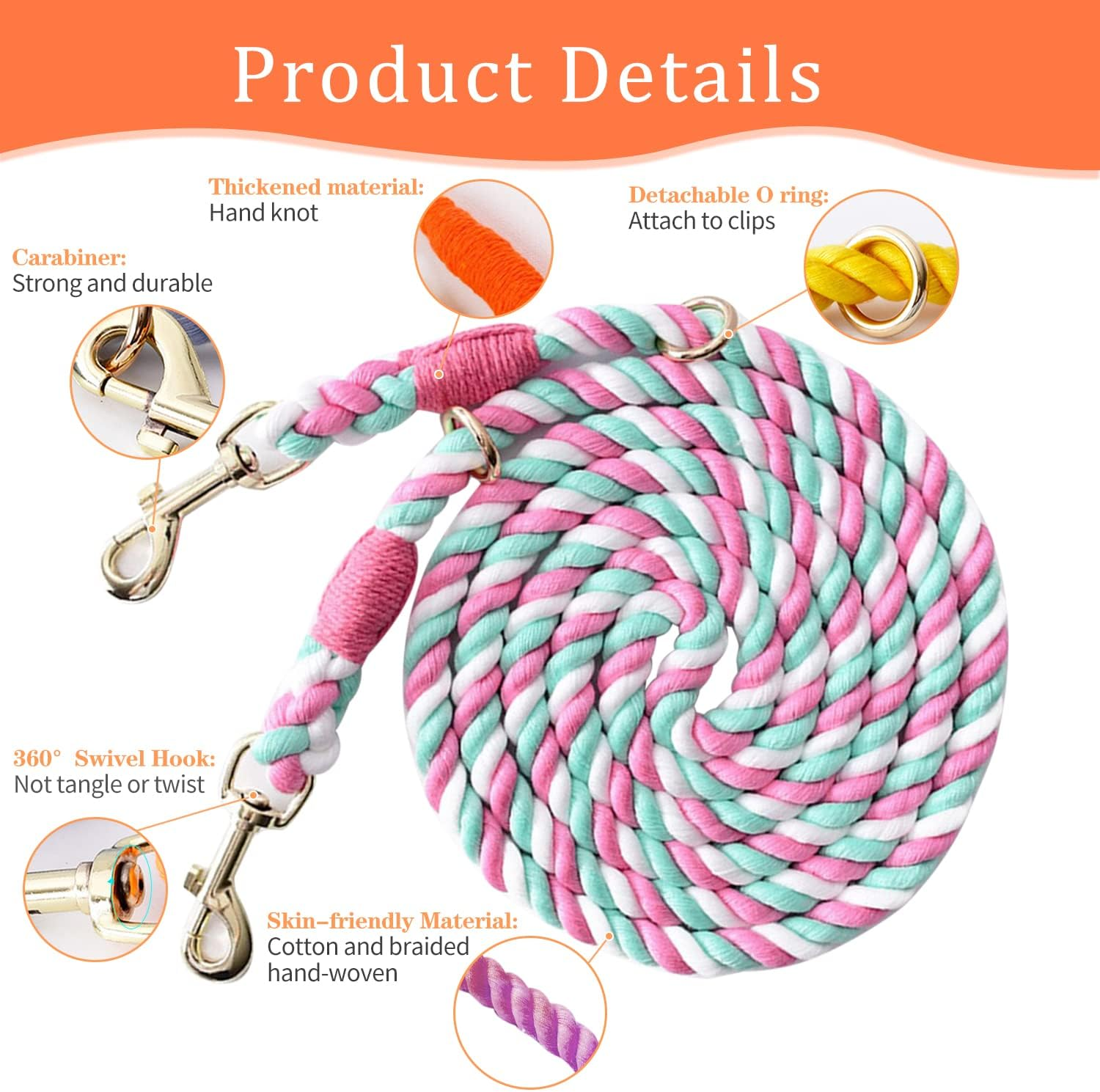 Hands Free Rope Dog Leash 7.5 FT with Adjustable Double Swivel Hook for Small Medium and Large Dogs Running Hiking Camping Walking (Cherry Blossom) - Black image number 7