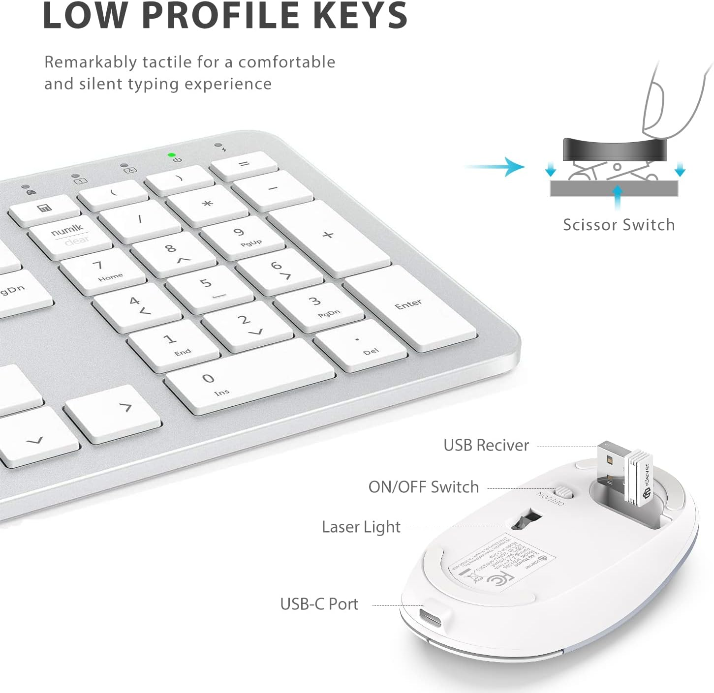 Iclever GK08 Wireless Keyboard and Mouse - Rechargeable Keyboard Ergonomic Quiet Full Size Design with Number Pad, 2.4G Stable Connection Slim White Keyboard and Mouse for Windows Mac OS Computer