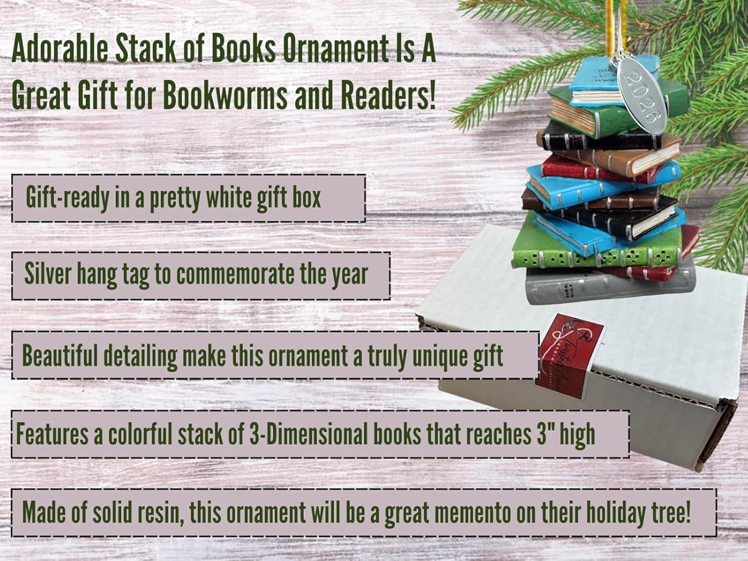 2025 Bookworm Ornament, Library Ornament, Librarian Christmas Ornament, Great Book Club Ornament or Teacher Gift - Stack of Books image number 3