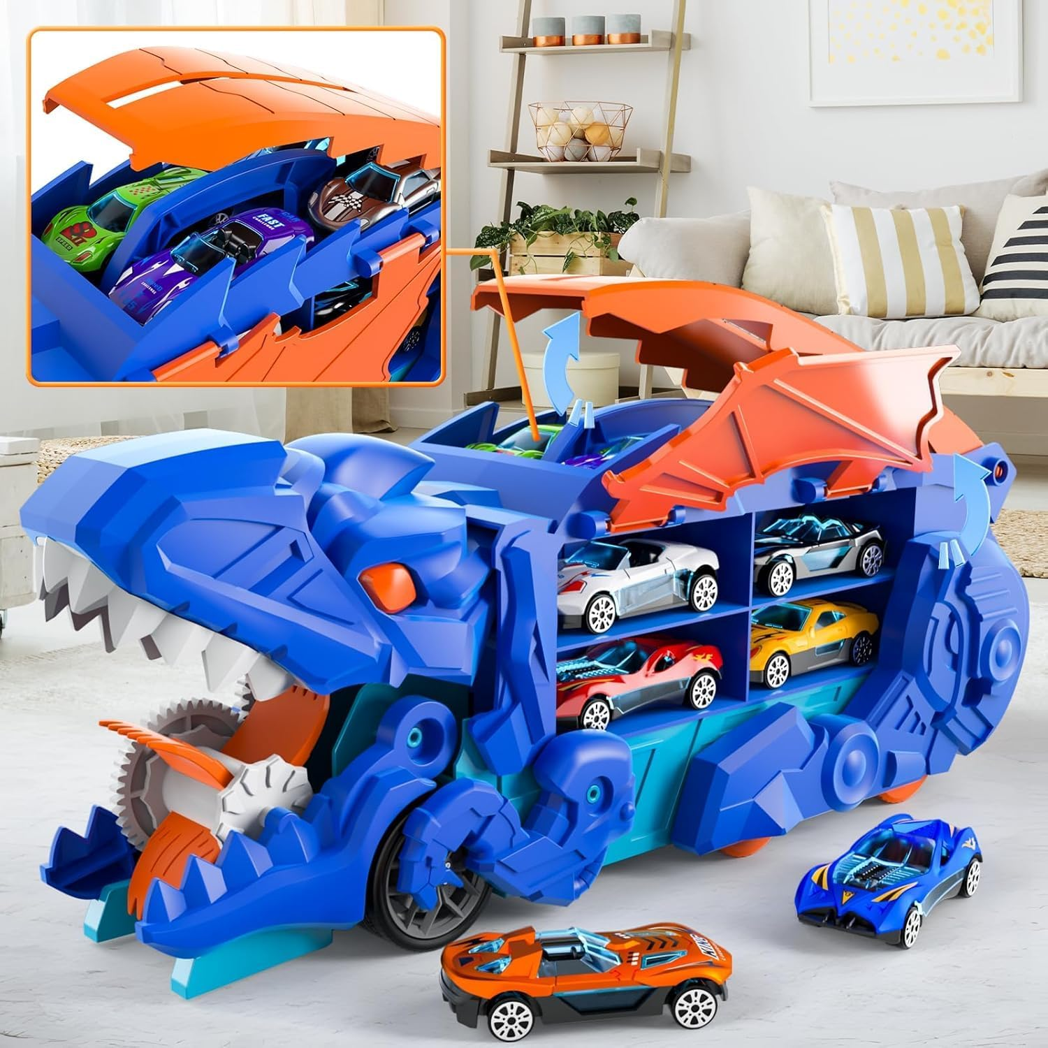 Valdera Dinasour Toys Transporter Truck Track for Kids, Foldable Dinosaur Truck with 10 Racing Cars, Dino Educational Toy for Kids Boys Girls Birthday Gift (Blue) image number 5