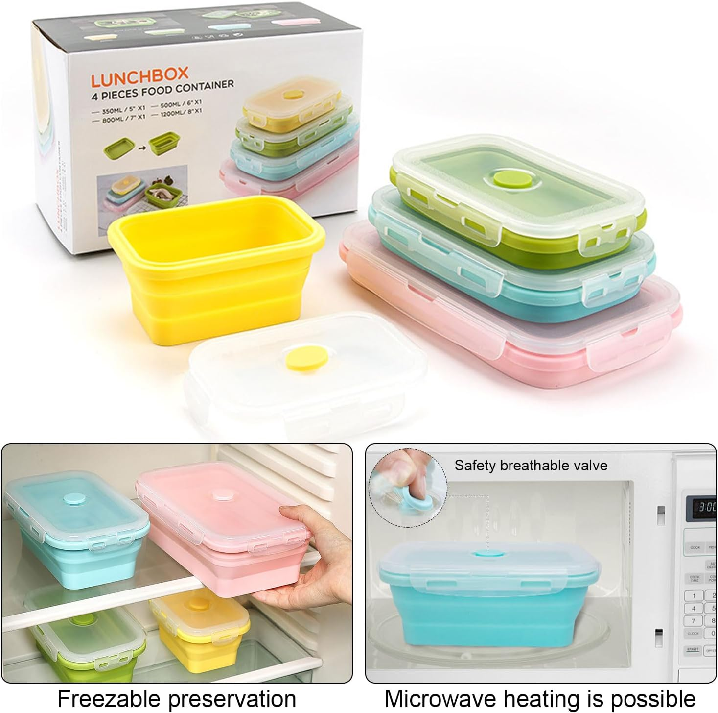 4-Pack Collapsible Food Containers, Silicone Storage Set with Lids, Silicone Lunch Bento Box, Microwave & Dishwasher Safe, 350/500/800/1200ML image number 1