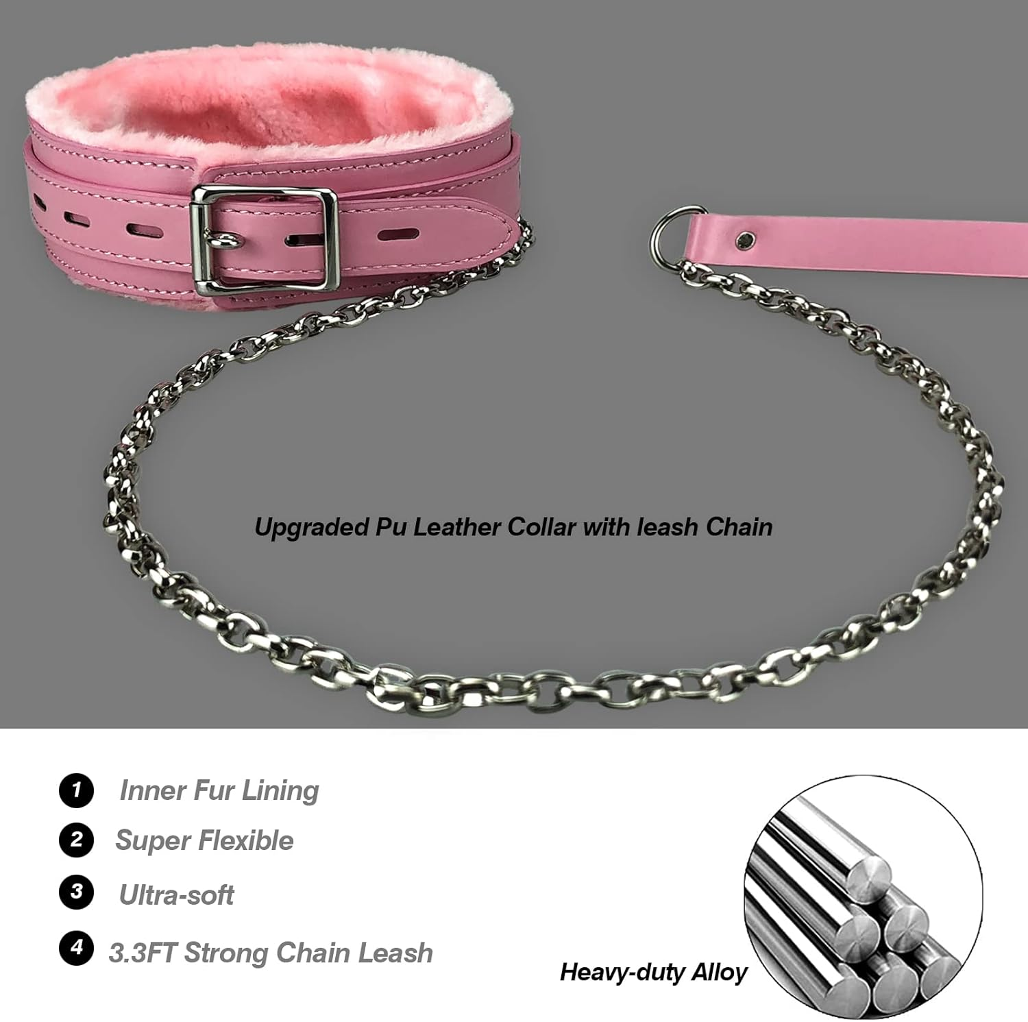 Gothic Leather Choker Collar, PU Leather Fur Lined Collars Necklace with Long and Durable Detachable Leash Chain Pet Collars, Pink image number 2