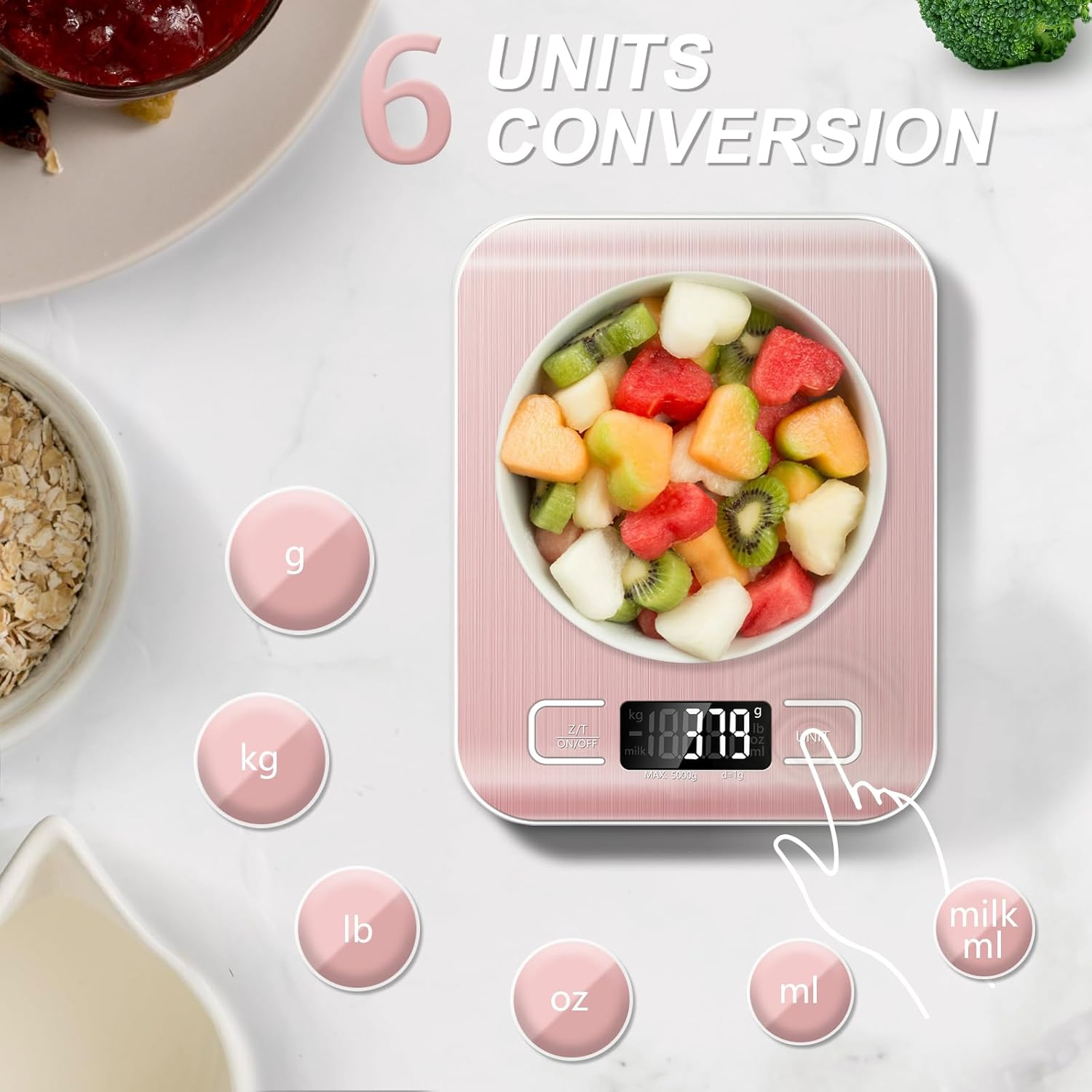 Food Scale, 11Lb Kitchen Scale with 6 Units Tare Function & LCD Display, 0.05Oz/1G Stainless Steel Digital Food Scale Grams and Ounces for Baking, Cooking, Dieting and Meal Prep (Pink) image number 2