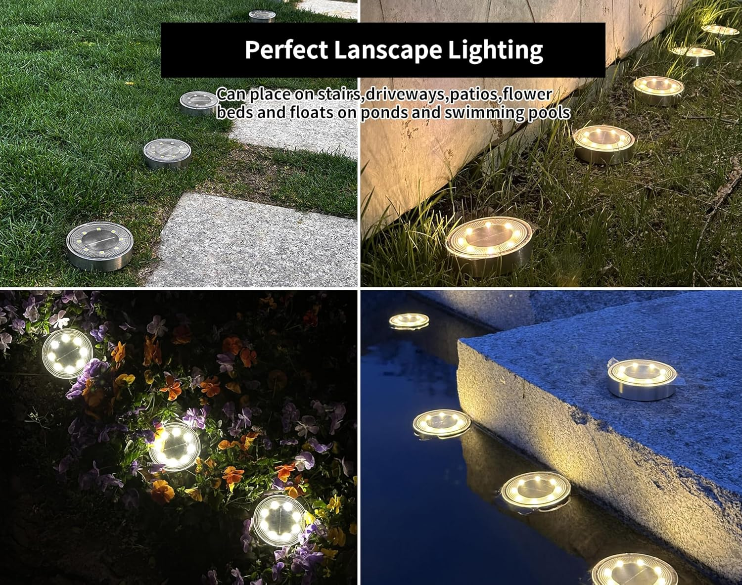 Solar Light Outdoor Ground 8Pcs 8 Leds Stainless Steel Disk Lamp IP68 Waterproof Wireless with Spike, for Path Gargen Landscape Lighting (Warm Light) image number 3