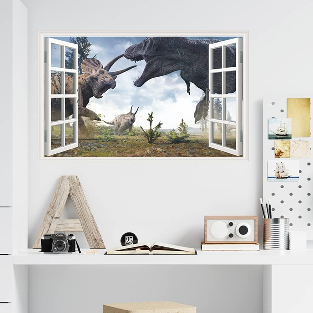 YOWOCAL 3D Watercolour Dinosaur World Fake Windows Wall Sticker,Self-Adhesive Removable Open Windows Wall Decals for Kids Nursery Bedroom Playroom Home Classroom Decor（27''X17''） image number 2