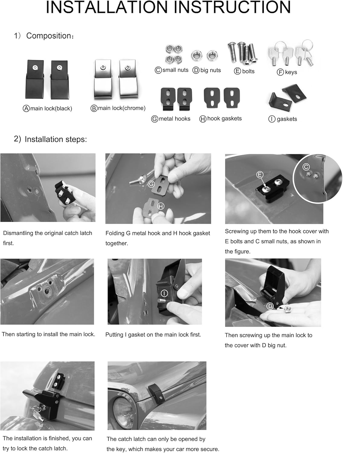 Stainless Steel Hood Latches Hood Lock Catch Latches Kit for Jeep Wrangler JK 2007-2017 (Black)