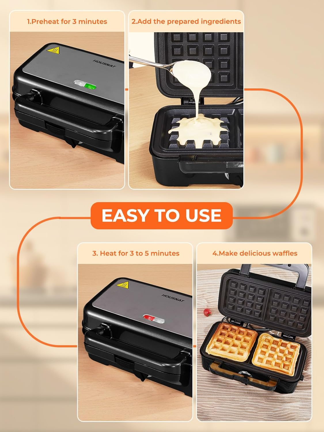 Sandwich Maker 1200 Watt Waffle Iron Sandwich Toaster 3 in 1 (Sandwich, Waffle, Grill Plate), Housnat Contact Grill with 5-Speed Temperature Control and Non-Stick Coating Plates, LED Display