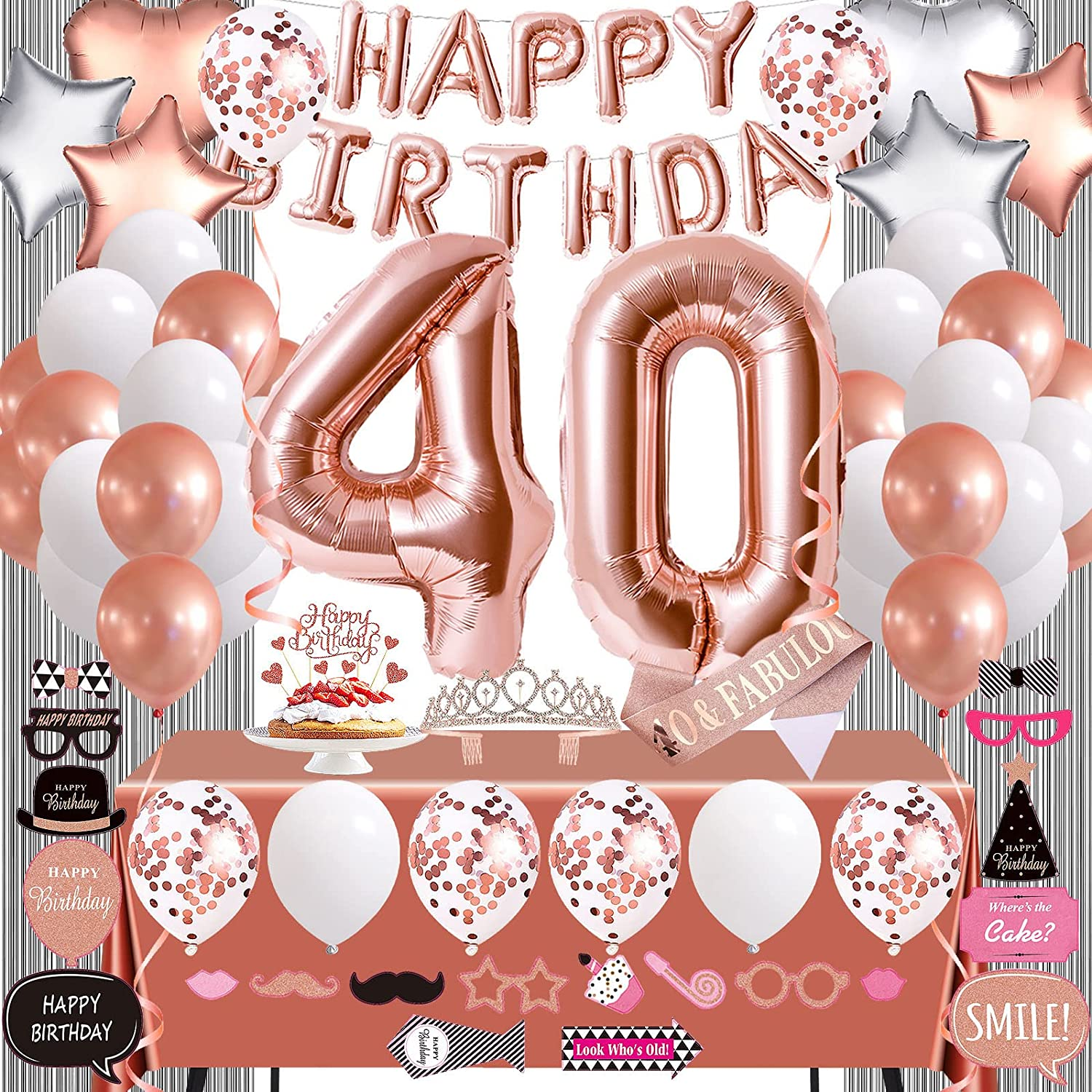 Rose Gold 40Th Birthday Decorations for Women, Party Supplies Including Happy Balloons, Fringe Curtain, Tablecloth, Photo Props, Foil Balloons, Sash and Tiara image number 4