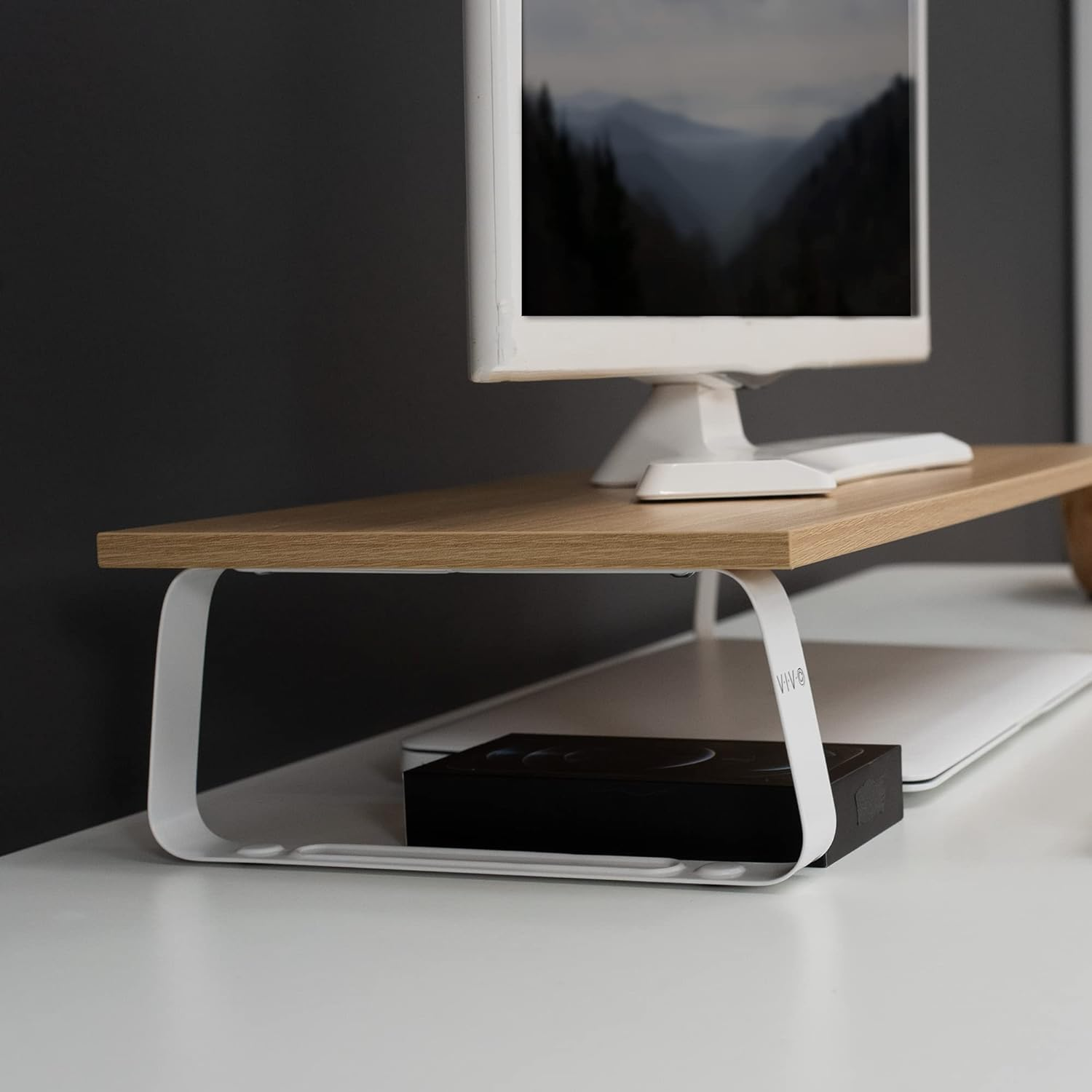 VIVO 24 Inch Monitor Riser, Wood and Steel Desktop Stand, Screen, Keyboard, Laptop, Small TV, Ergonomic Desk and Tabletop Organizer, Light Wood and White, STAND-V000WM image number 1