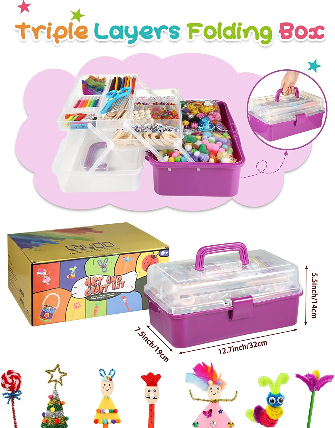 Caydo 3000 Pcs Kids Art and Crafts Supplies, Toddler DIY Craft Art Supplies Set Include Pipe Cleaners, Pom Poms, Portable 3 Layered Folding Storage Box for Kids image number 1