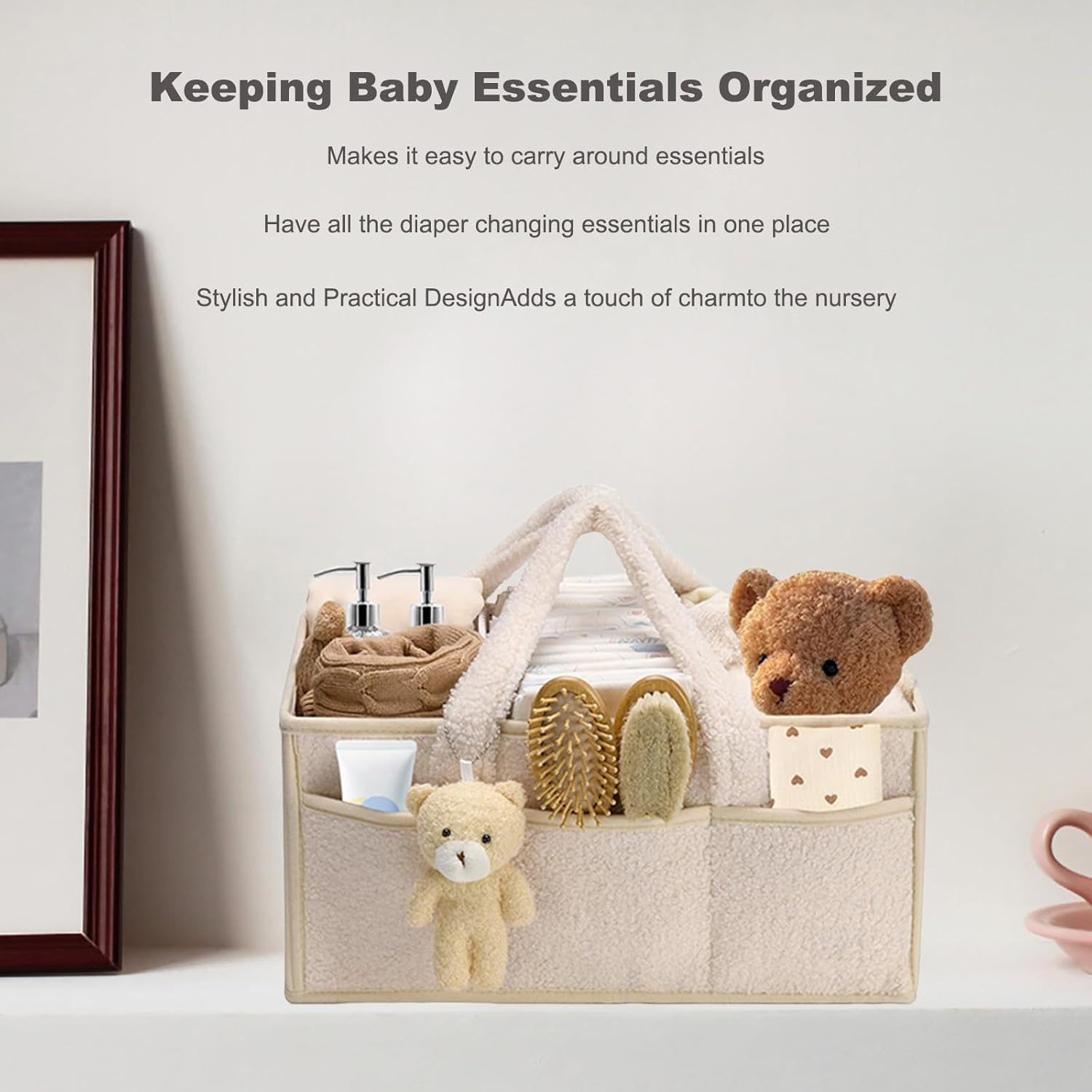 Uandhome Baby Nappy Caddy,Diaper Caddy Organizer for Changing Table,Portable Nappy Organiser,Divided Design,Nursery Storage Basket,Car Caddy,Baby Shower(Beige) image number 5