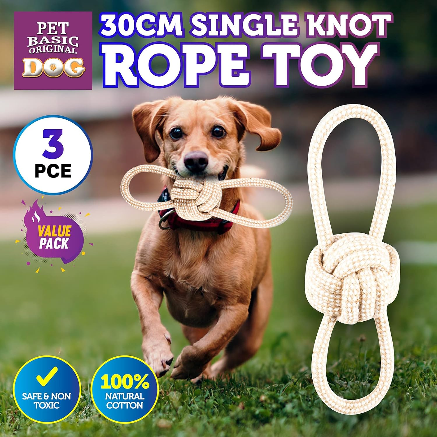 [3PCE] Pet Basic Rope Dog Toys, Natural Cotton, Thick Tug Fetch Play, Lightweight and Soft, Safe and Non Toxic, Ideal for Play at Home, Parks, Beaches, Provides Quality Play Time for You and Your Dog (30Cm) image number 4