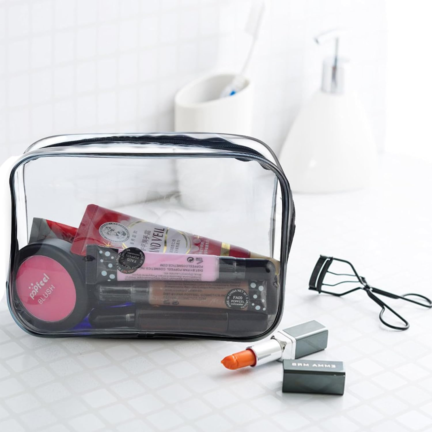 OJIOUI 5 Pack Clear Plastic Zippered Toiletry Bag, TSA Portable Cosmetic Makeup Bag for Vacation, Bathroom and Organizing（Black）