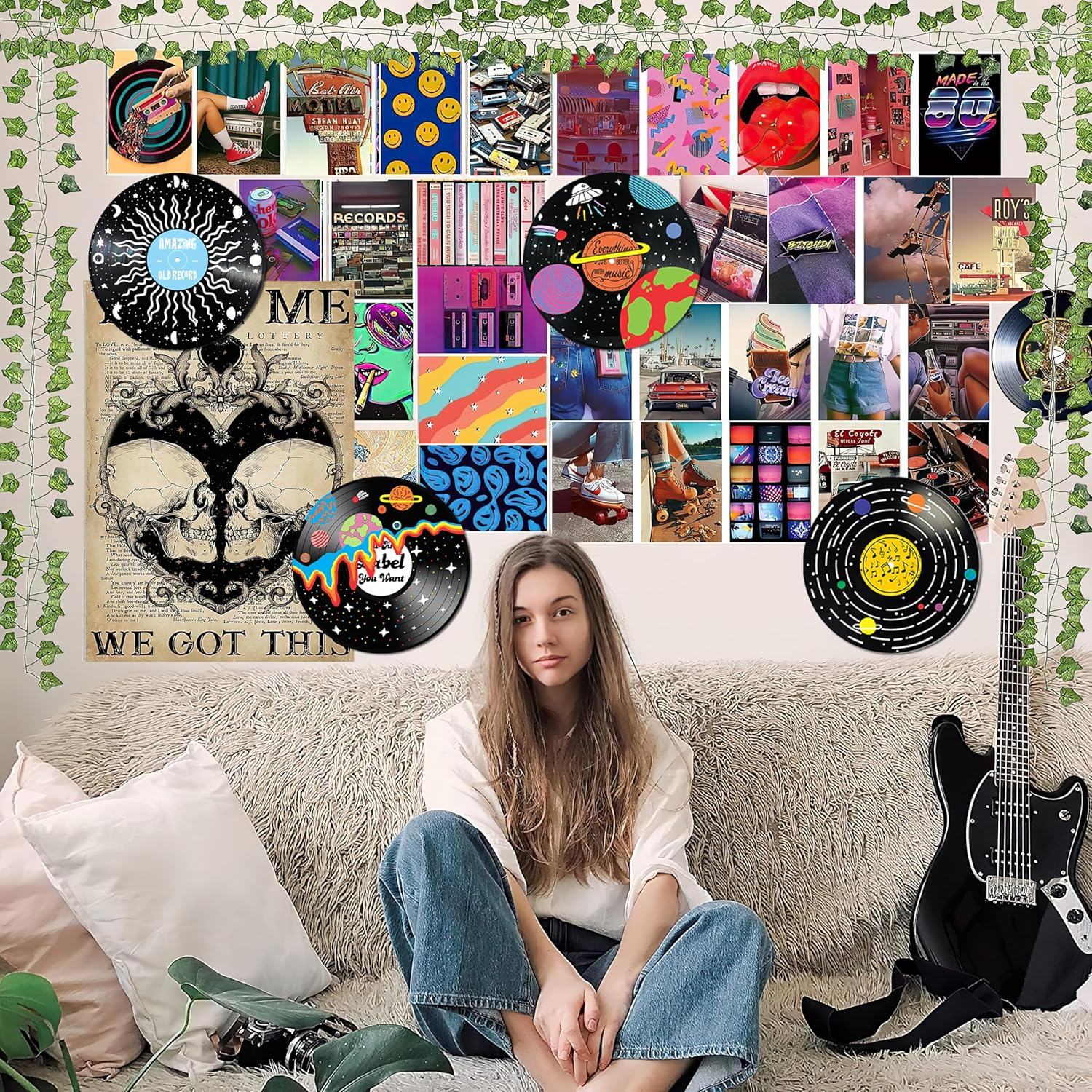 HK Studio Vintage Decor Records for Wall Aesthetic 11.4'' Pack 4 - PVC, Actual Vinyl Size Indie Record Dorm, Boy & Girl Room Hippie Multicolor image number 1