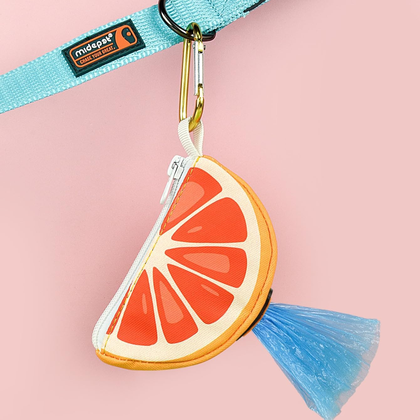 Grapefruit Design Waterproof Waste Bag Dispenser with Zipper, Portable Dog Poop Bag Holder with 15 Bags (Grapefruit Pink) - Lime Green image number 3