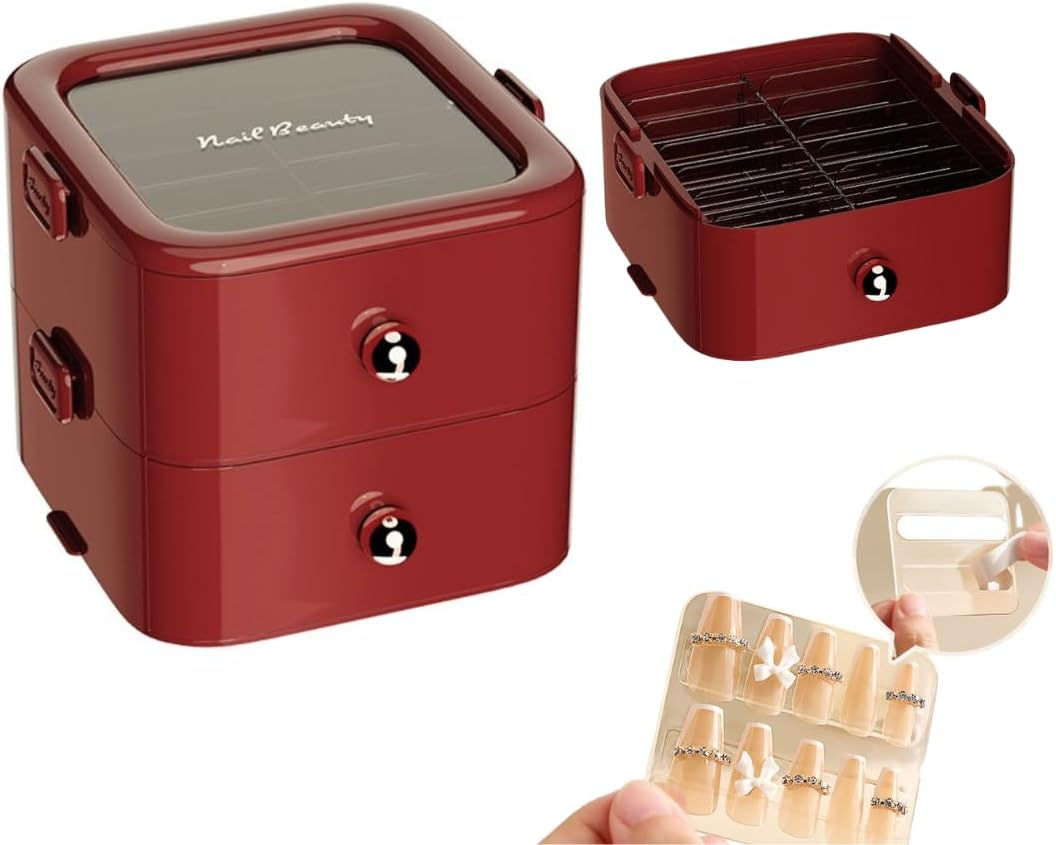 Press on Nail Organizer Box, False Nail Storage Case, Travel Packaging Container with 12/24/36 Pcs Adhesive Double Sided Tape for Nail Art (White, 2 Tier (24 Tapes))