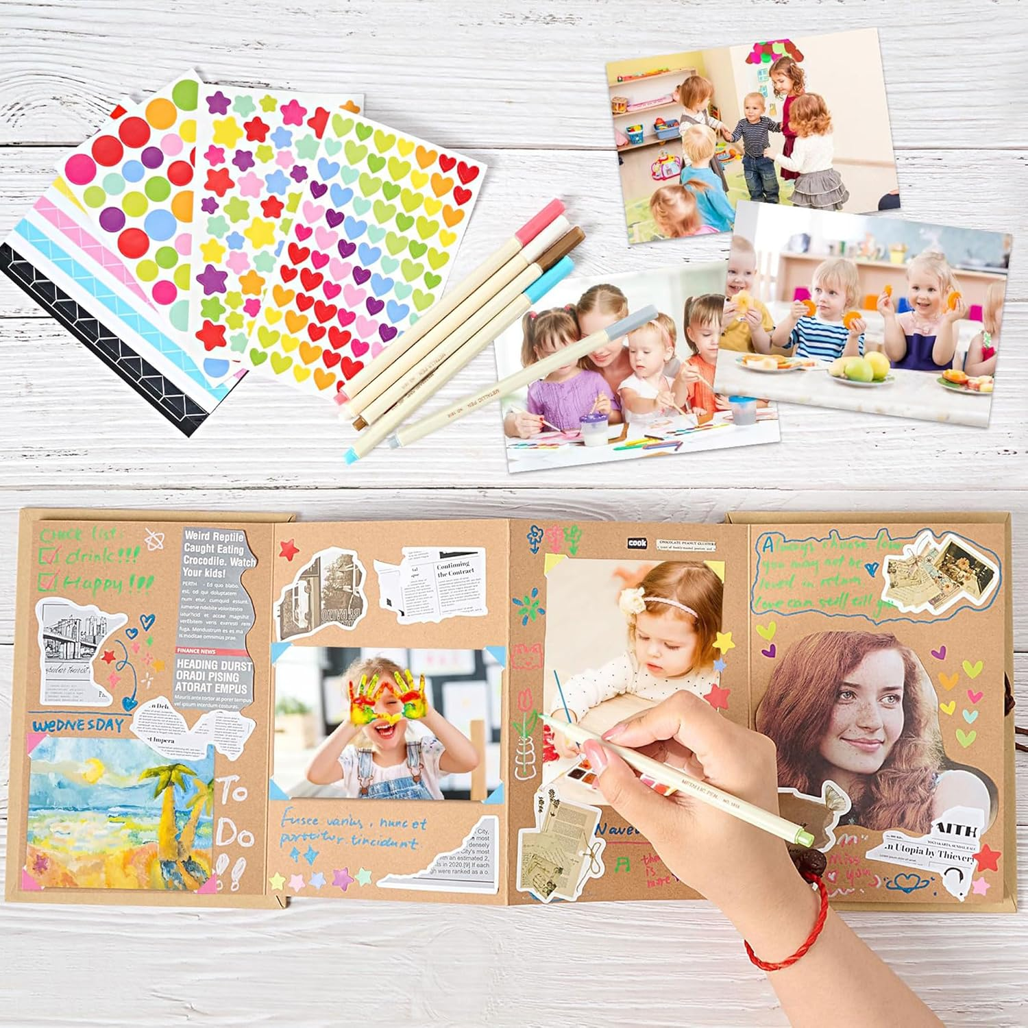 6 X 8 Inch Small Scrapbook Album with Brown Pages, Stretchable Folding Photo Album, Hardcover Memory Book Accordion Adventure Scrapbook - Inner Brown image number 2