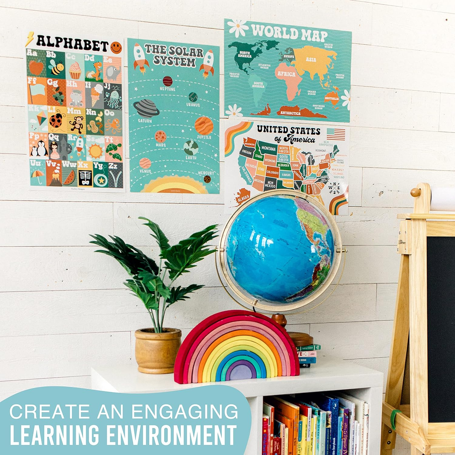4 Retro Pre K Learning Posters for Toddlers 1-3 - ABC Poster for Toddlers Wall, Solar System Poster for Kids Maps, Preschool Classroom Map of the World Poster, Kindergarten Homeschool Supplies&hellip; image number 4