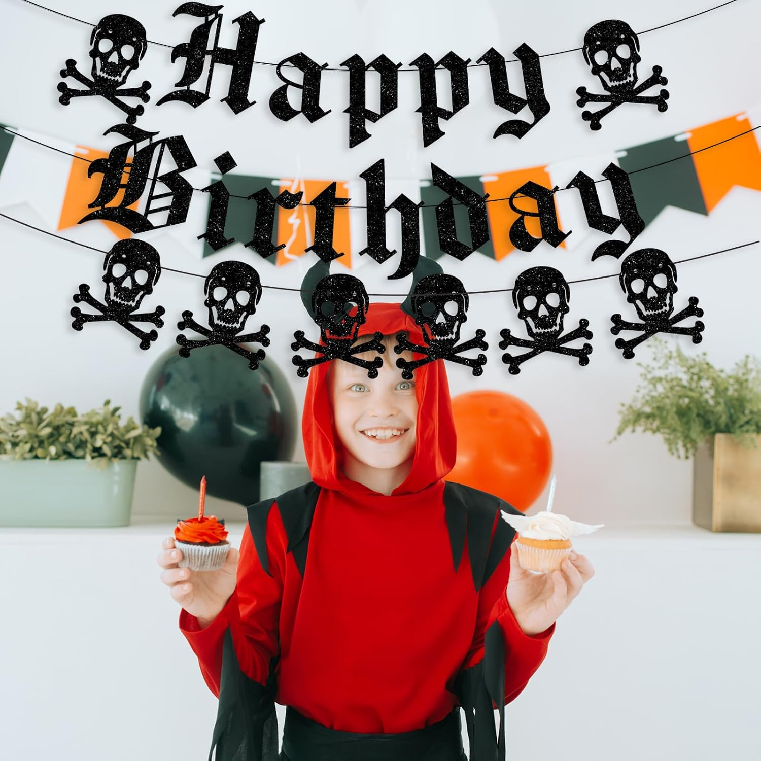 Gothic Happy Birthday Banner Black Glitter Old English Skull Garland Funny Funeral Birthday Banner for Scream Party,20Th 30Th 40Th Birthday,Gothic Birthday Decorations,Halloween Party image number 4