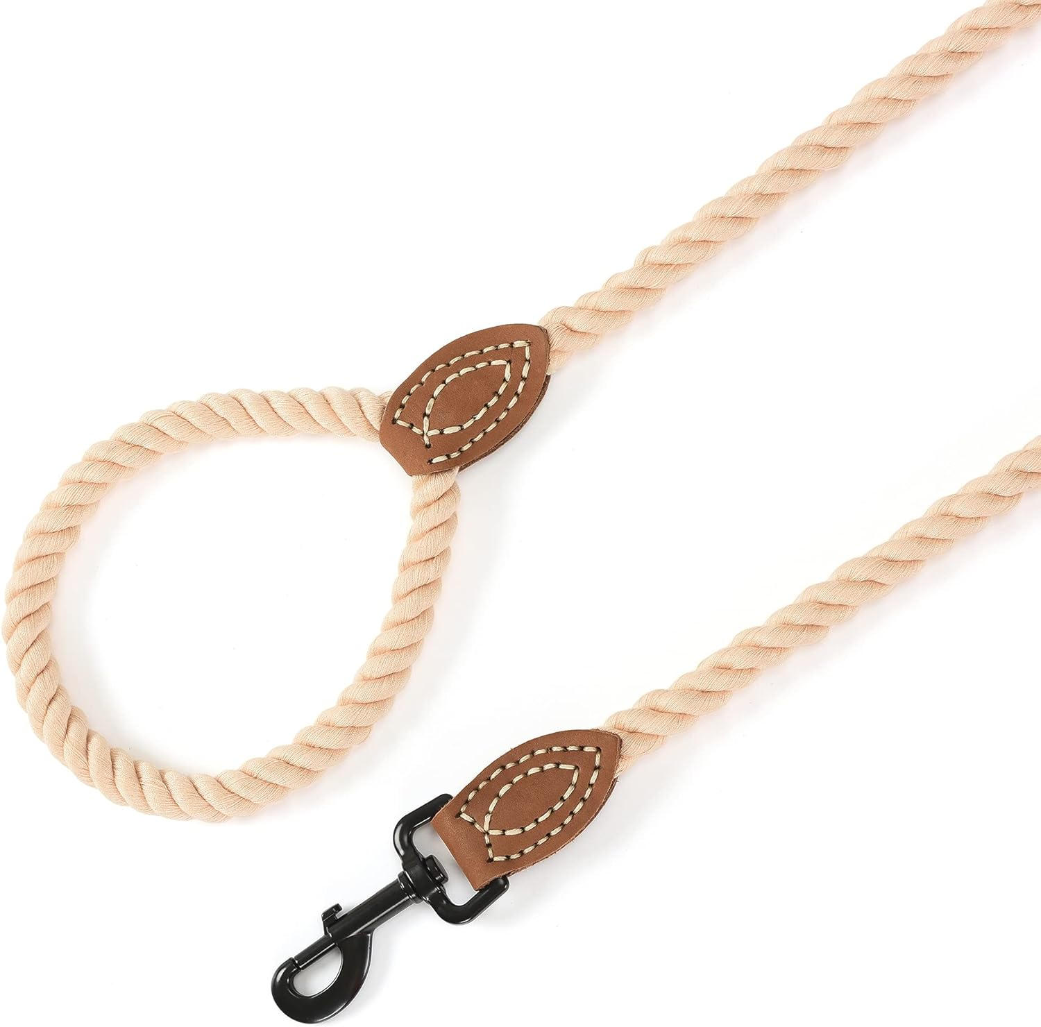 Mile High Life Braided Cotton Rope Leash with Leather Tailor Handle and Heavy Duty Metal Sturdy Clasp (Light Brown, 5 FT) image number 1