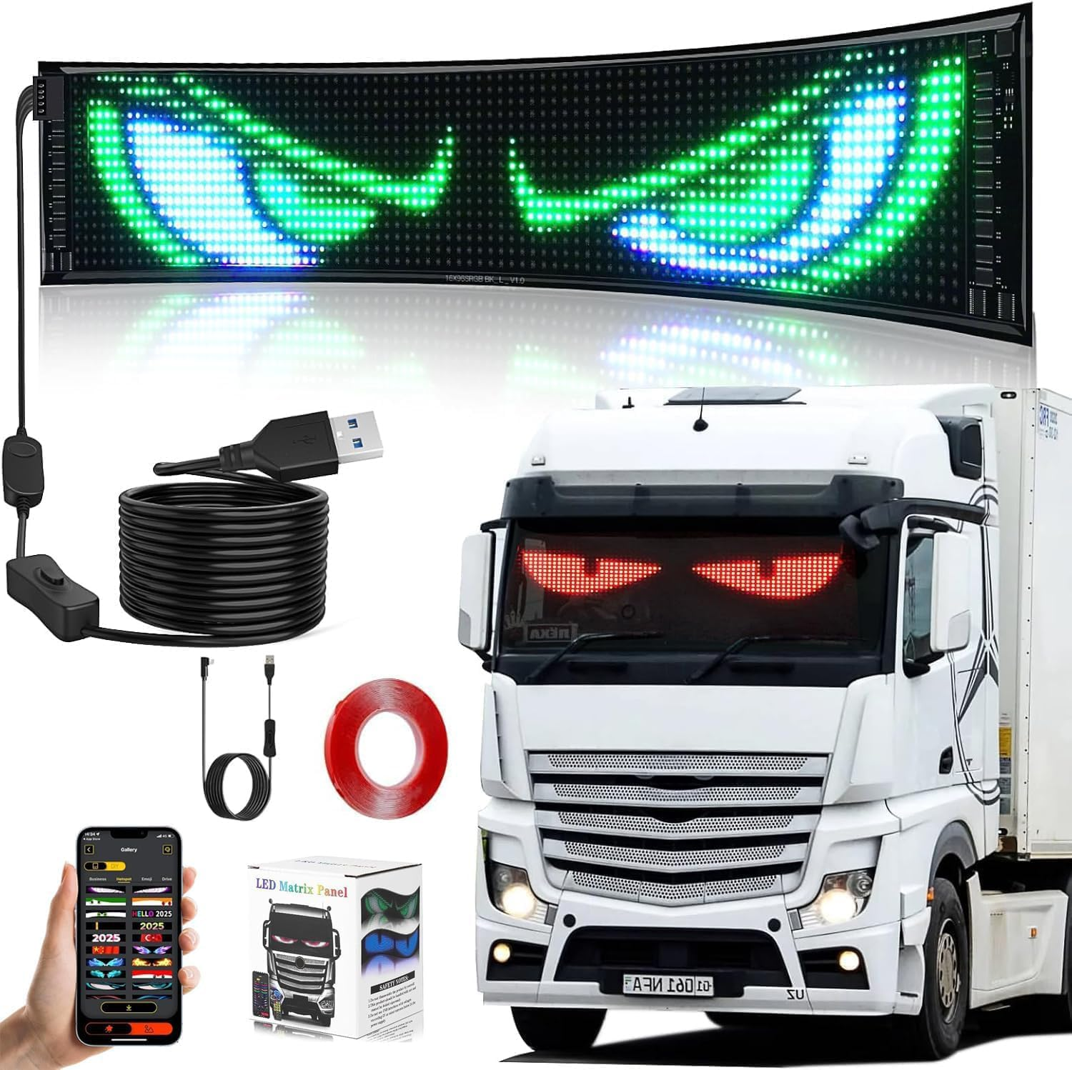 Homodoskey Devil Eyes Lights for Cars, 60X12Cm Programmable LED Eyes for Car/Truck Windshield, Flexible LED Display Screen Panel DIY Car Dynamic Smart Colorful Eye Lamp Soft Screen, 1Pack image number 1