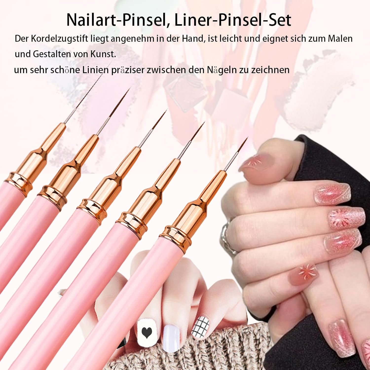 Pack of 5 Nail Brush, Nail Brush, Eyeliner Brush, Nail Art Brush Set, Liner Brush Set, Nail Brush Painting Pen with Fine Nylon Bristles in Sizes 7 Mm, 9 Mm, 11 Mm, 15 Mm and 25 Mm (Pink) image number 5