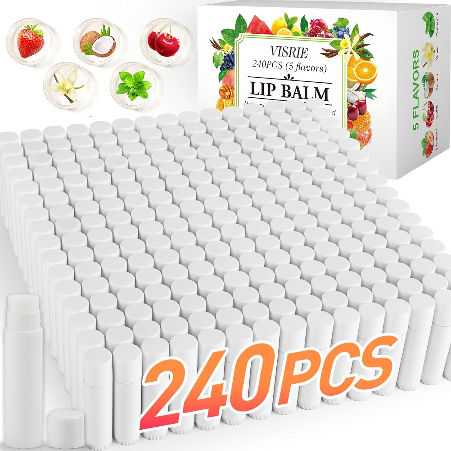 VISRIE 240 Pack Lip Balm Unlabeled, Natural Lip Balm Bulk Blank Tube, Personalized Lip Balms for Party Favors Adults and Bridal Shower Favors or Baby Shower Gifts-5 Flavors